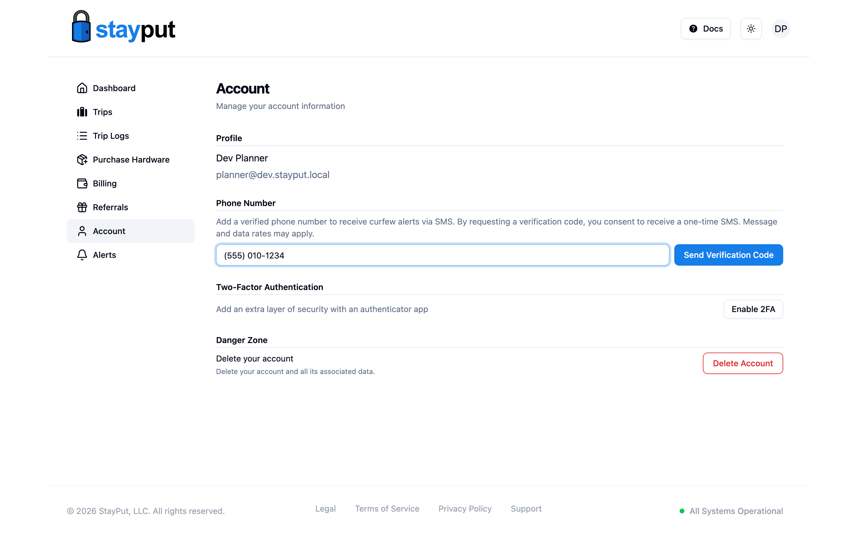 The Account page with a phone number entered and ready to send a verification code (desktop)