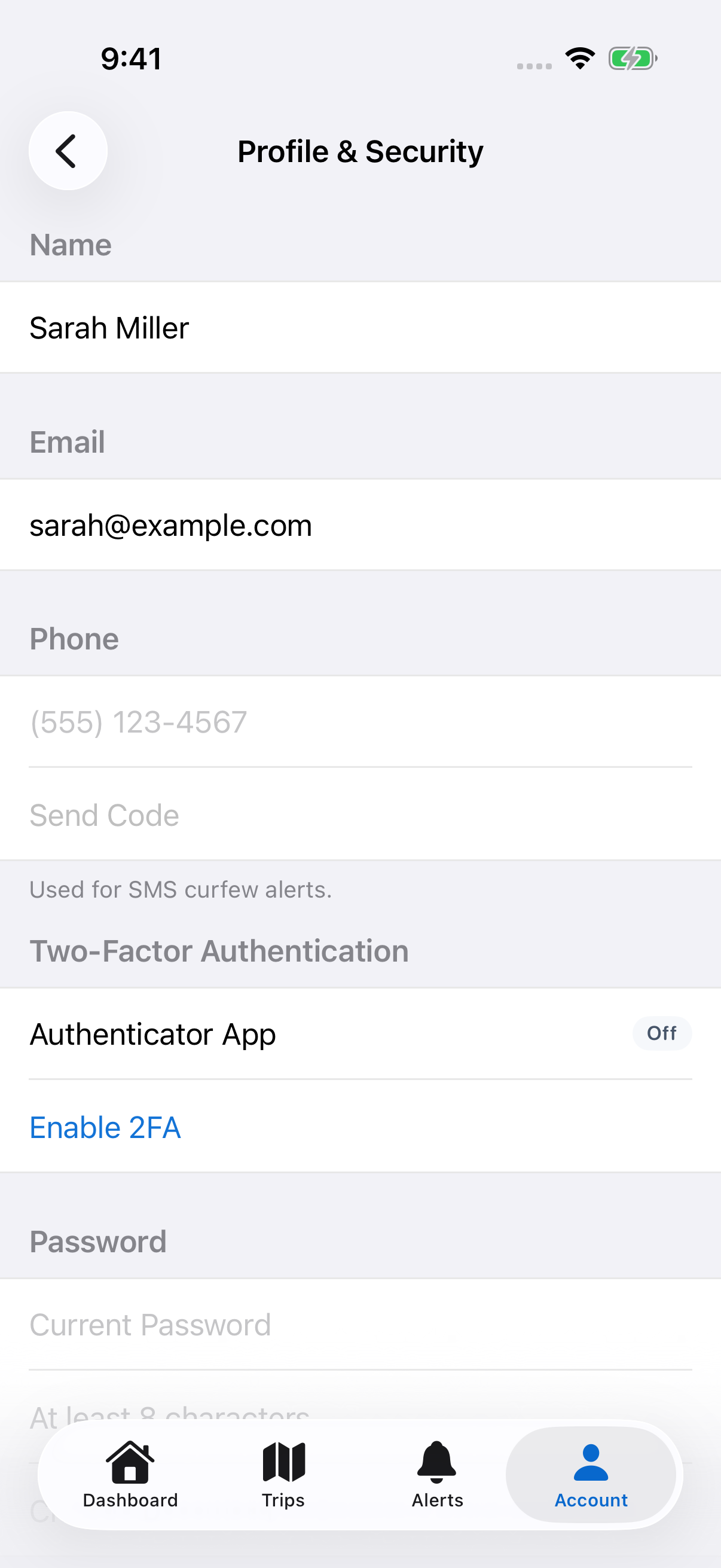 The iOS Profile & Security screen with the phone number field and Send Code button