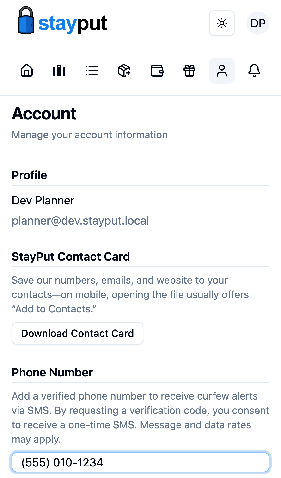 The Account page with a phone number entered and ready to send a verification code (mobile)