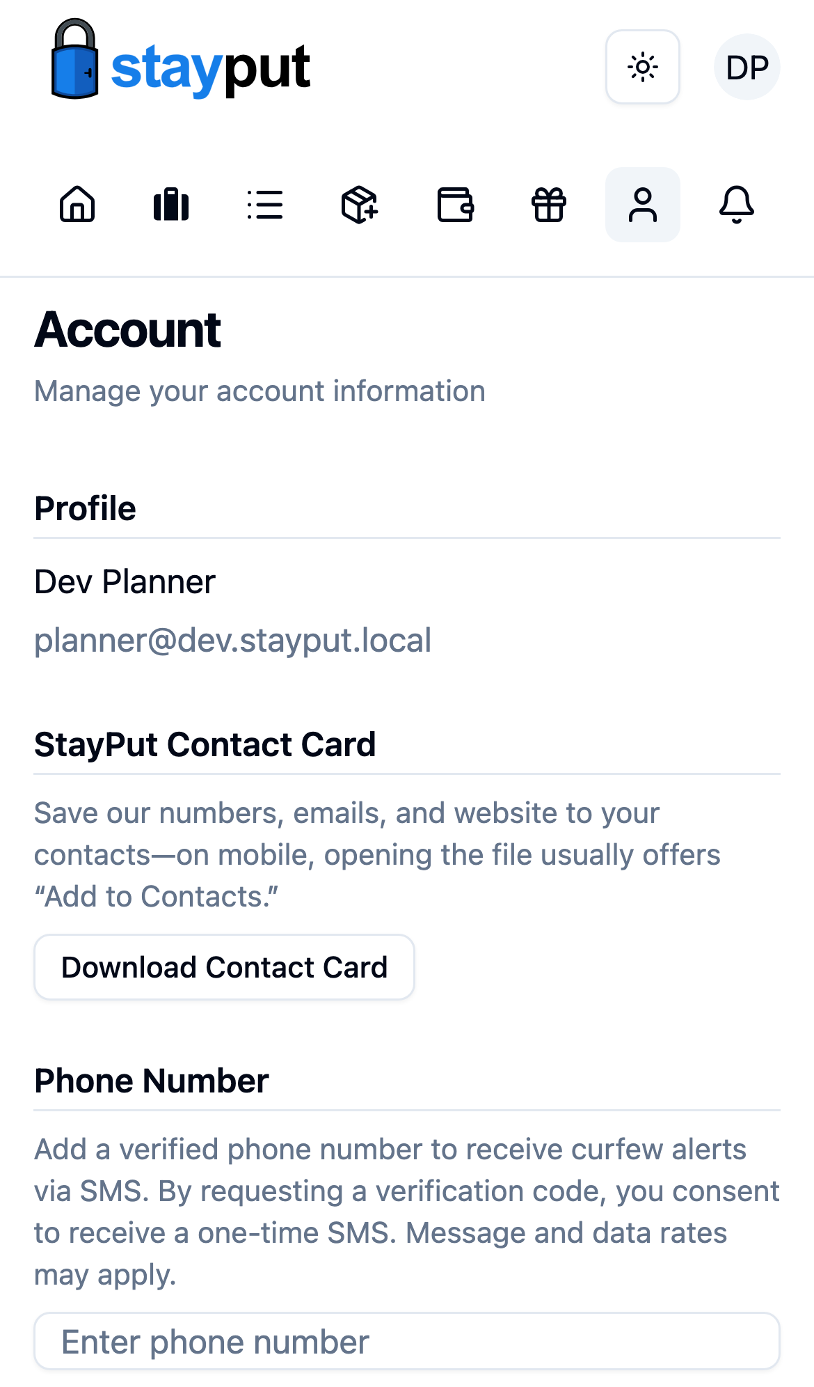 The Account page on a phone showing the StayPut Contact Card section with the Download Contact Card button