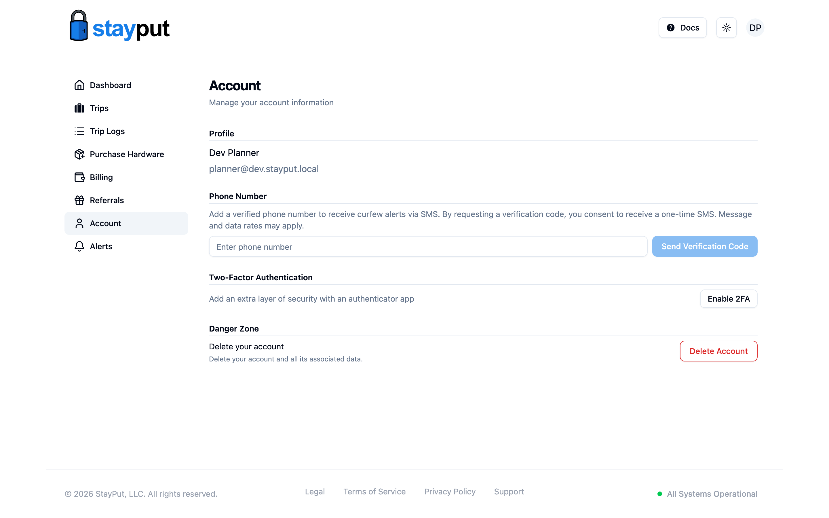 The Danger Zone section of the Account page with the Delete Account button (desktop)