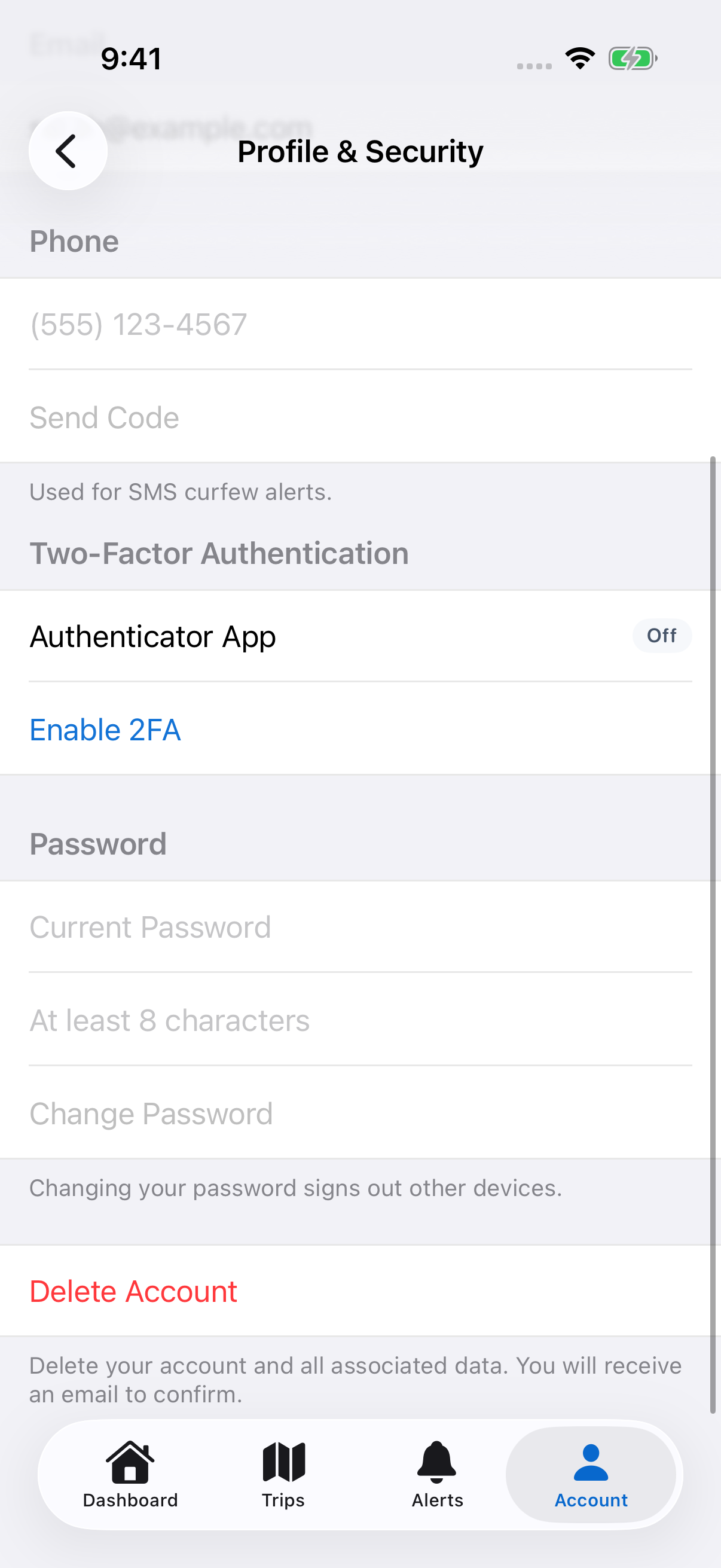 The iOS Profile & Security screen showing the Delete Account button