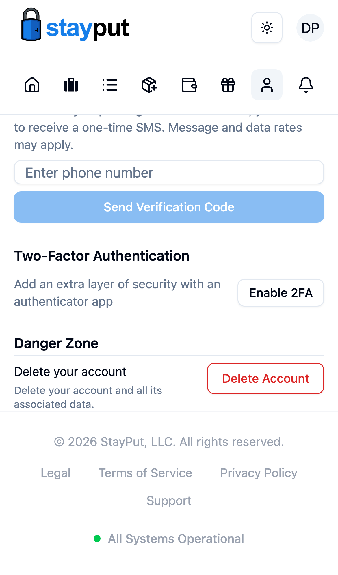 The Danger Zone section of the Account page with the Delete Account button (mobile)