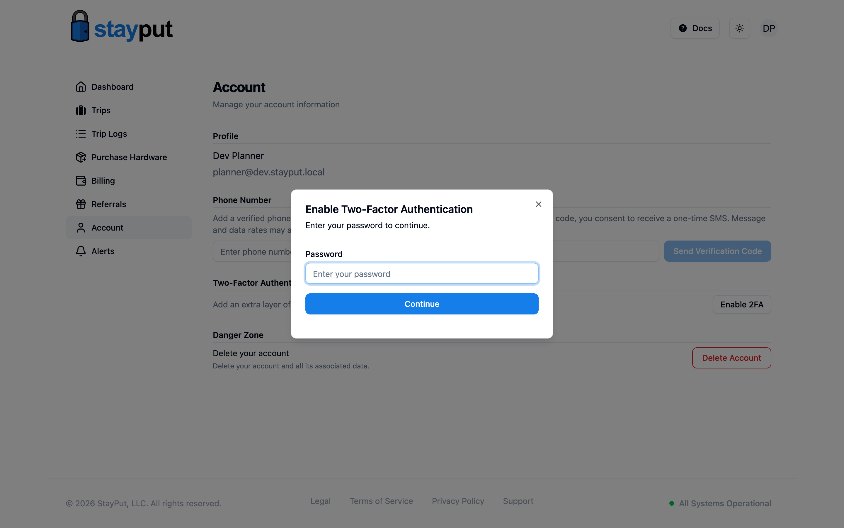 The Enable Two-Factor Authentication dialog asking for a password (desktop)