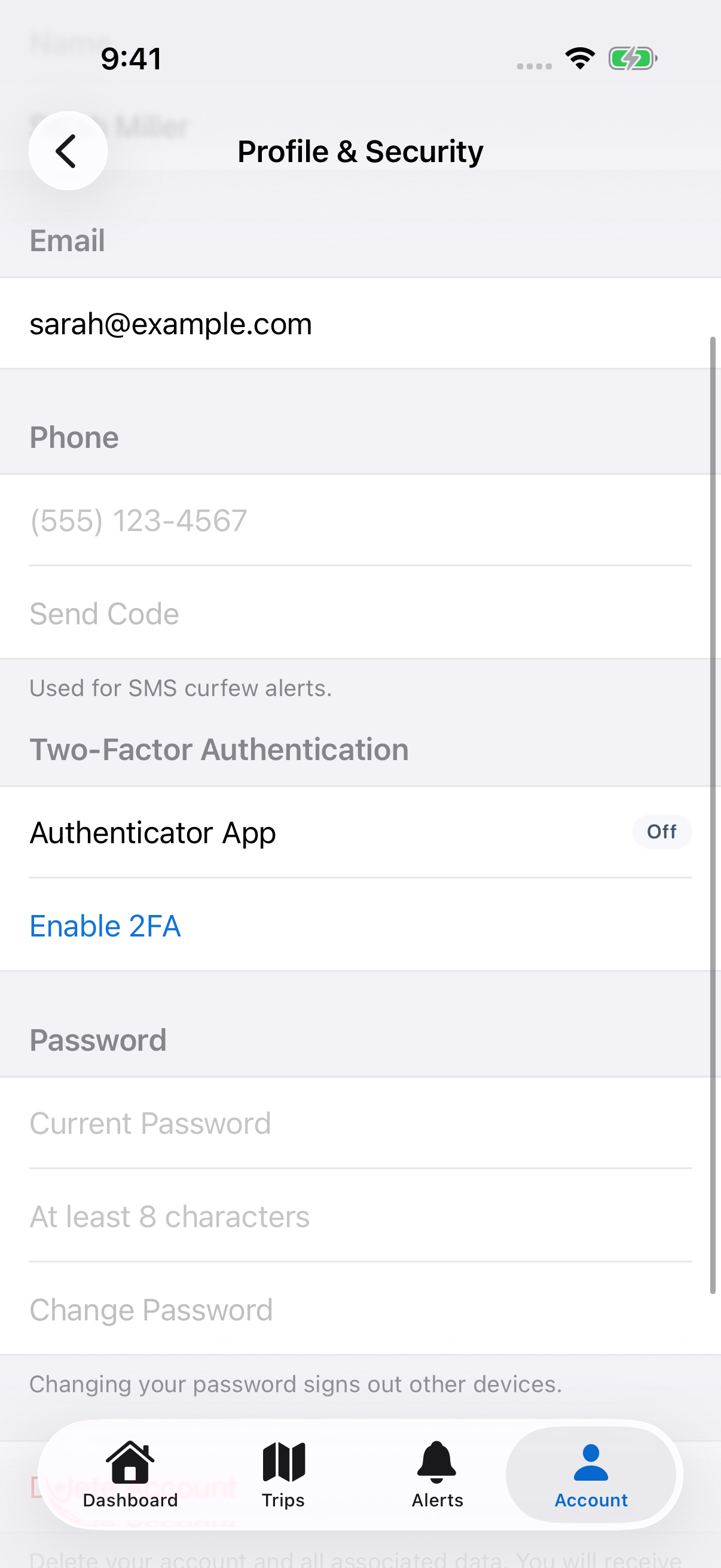 The iOS Profile & Security screen showing the Enable 2FA option