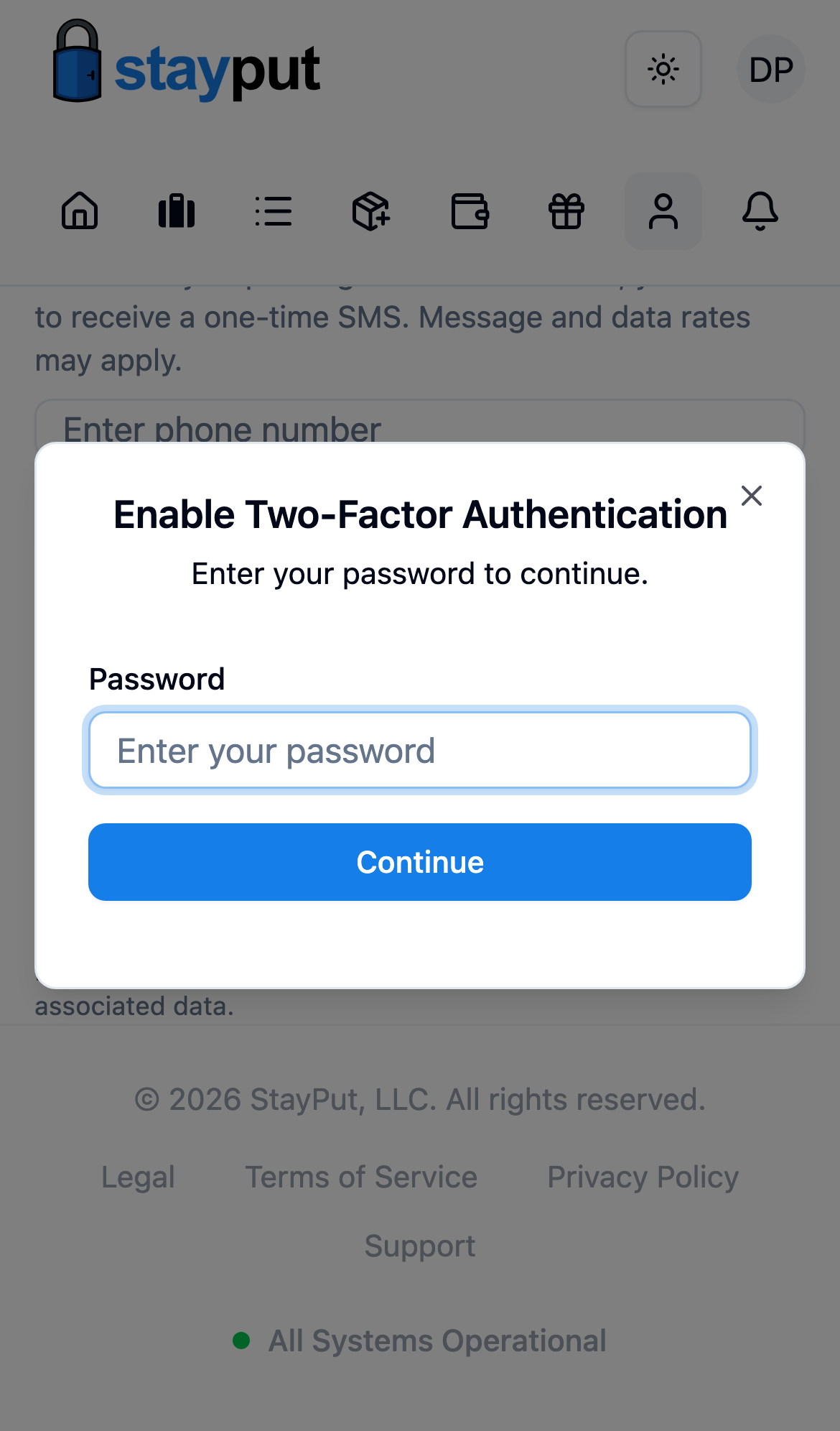 The Enable Two-Factor Authentication dialog asking for a password (mobile)