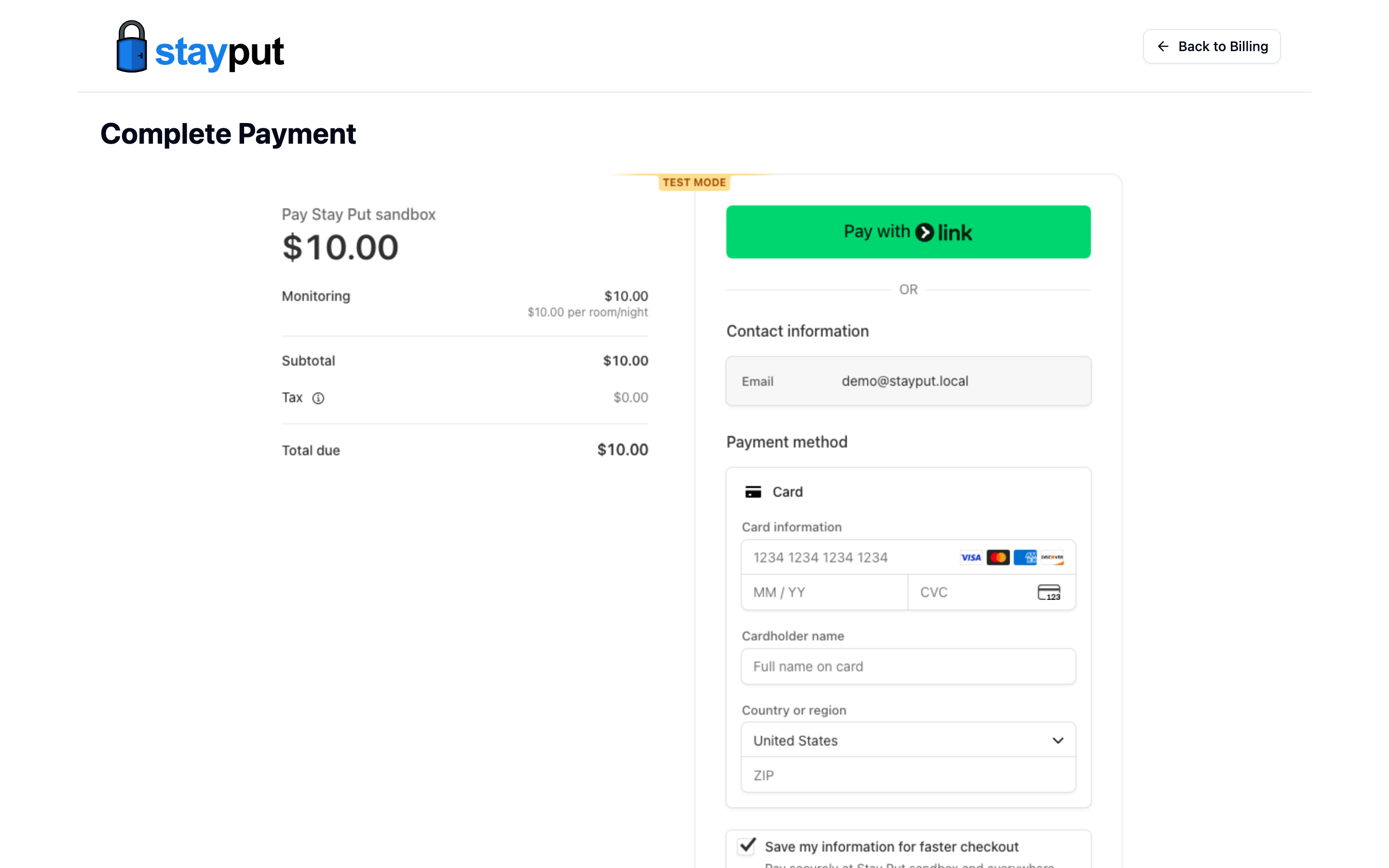 The embedded card checkout page for an invoice (desktop)