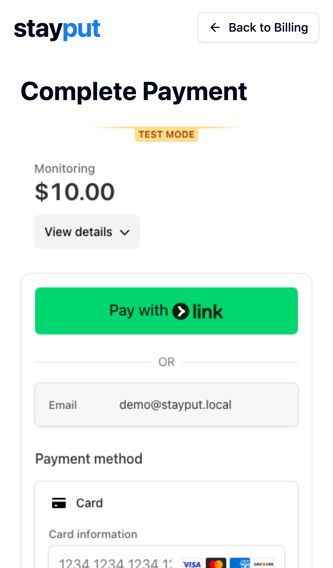 The embedded card checkout page for an invoice (mobile)