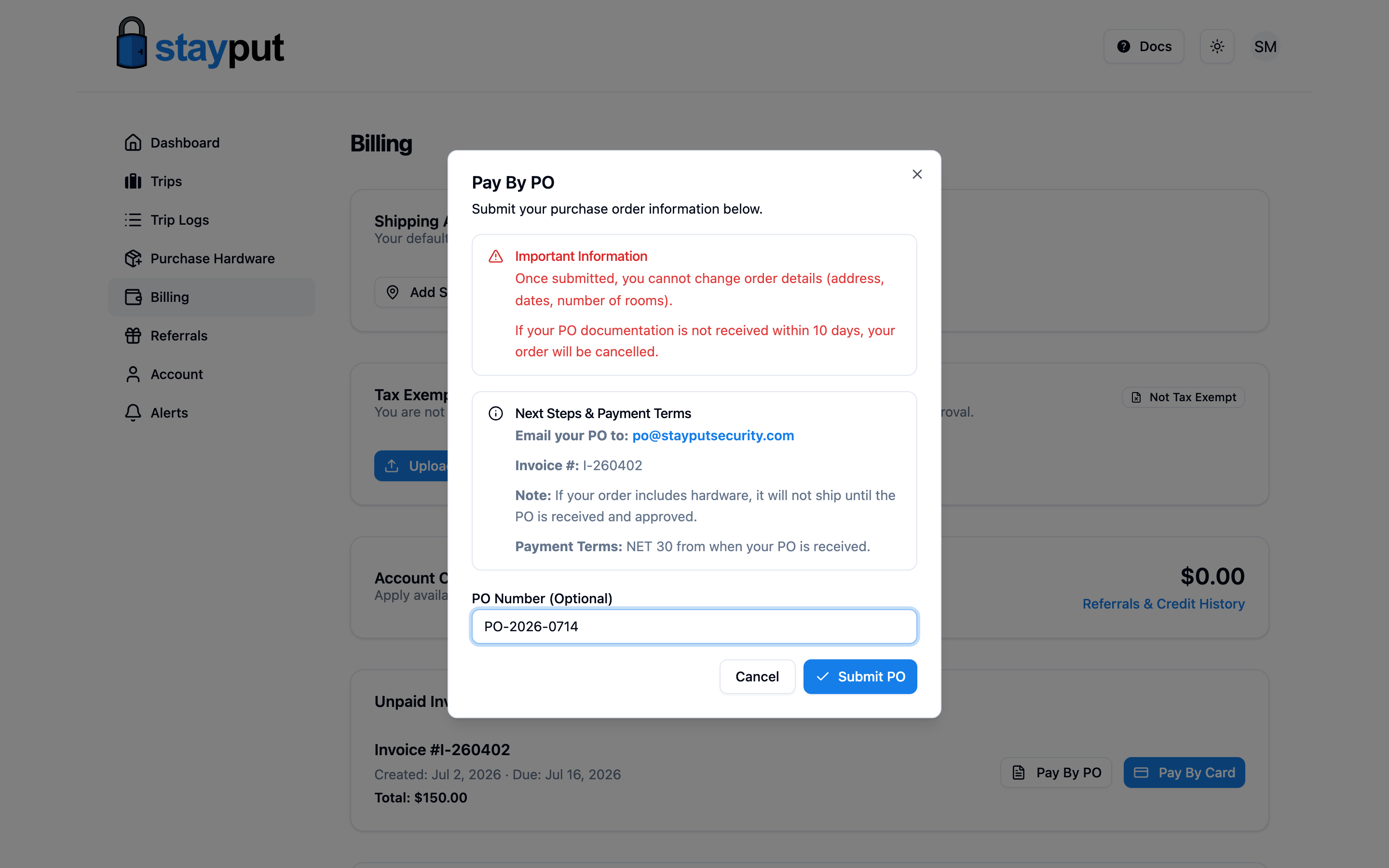 The Pay By PO dialog with a PO number field (desktop)