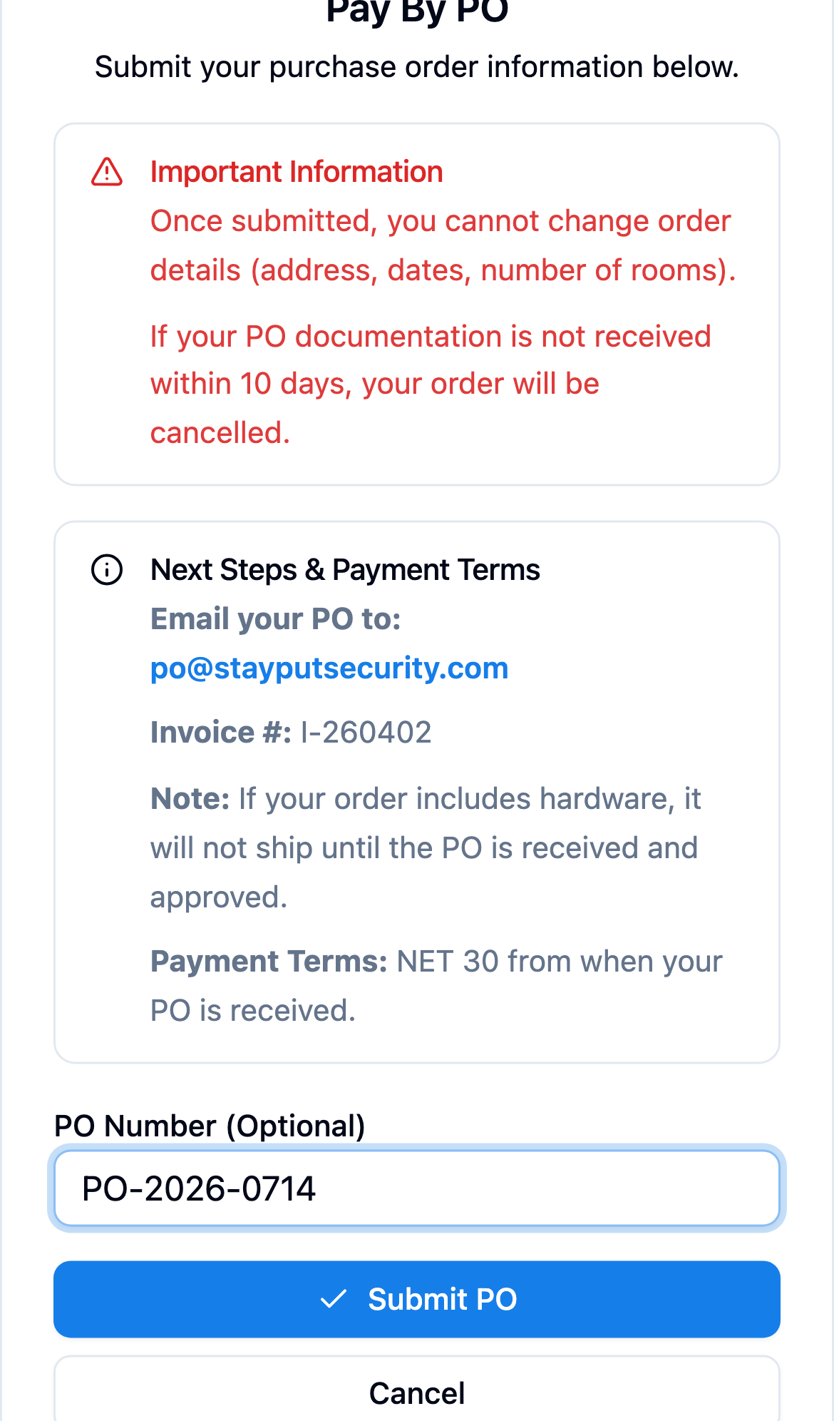 The Pay By PO dialog with a PO number field (mobile)