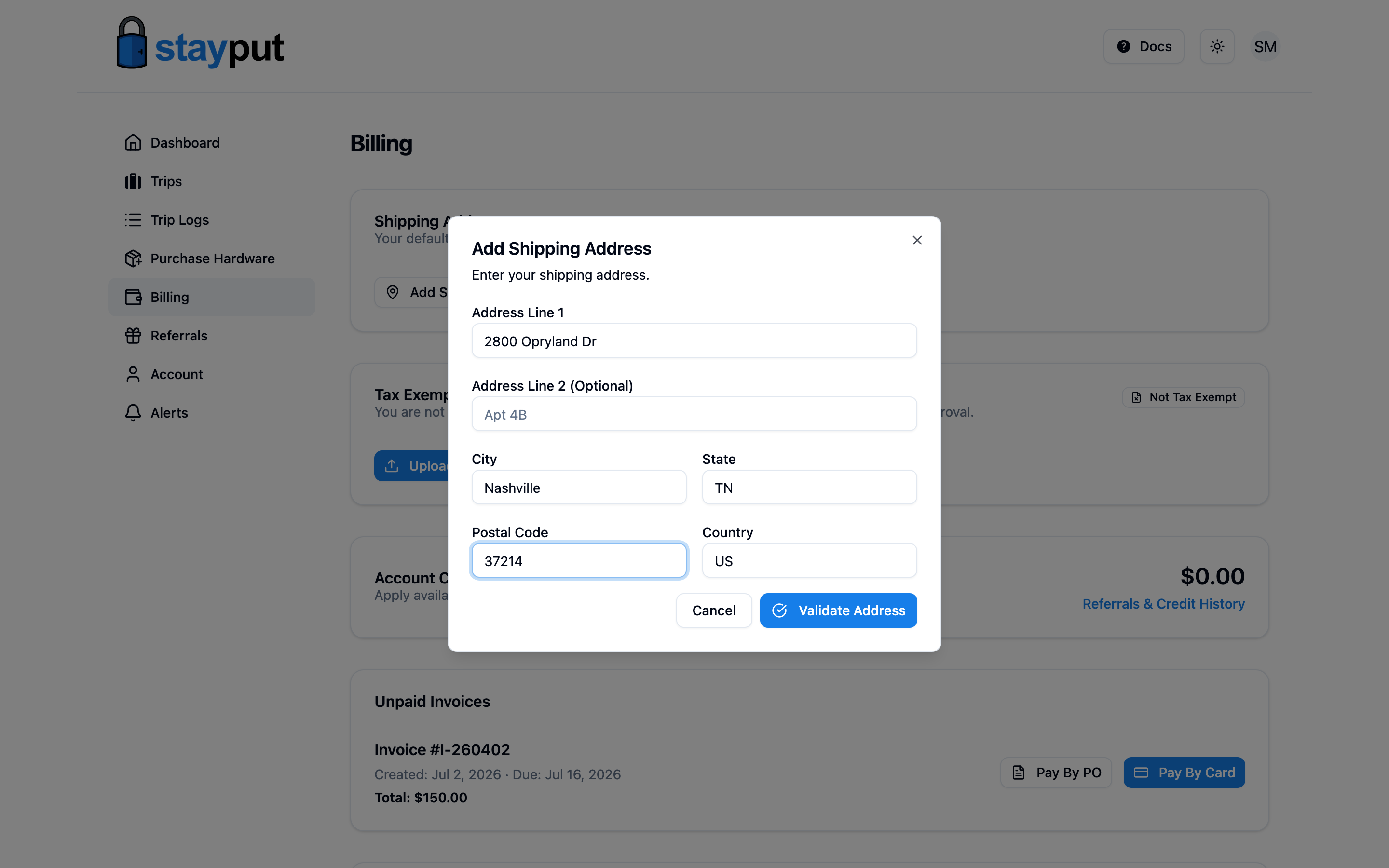 The shipping address form filled in before saving (desktop)