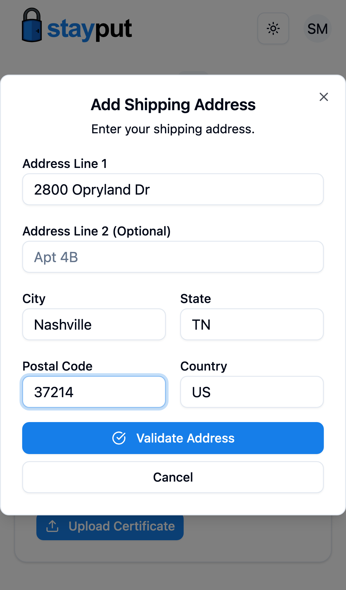 The shipping address form filled in before saving (mobile)