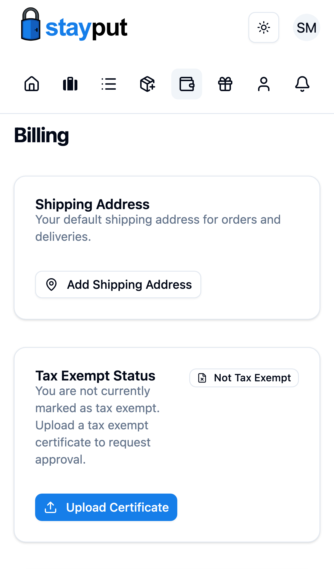 The Tax Exempt Status card showing Not Tax Exempt (mobile)