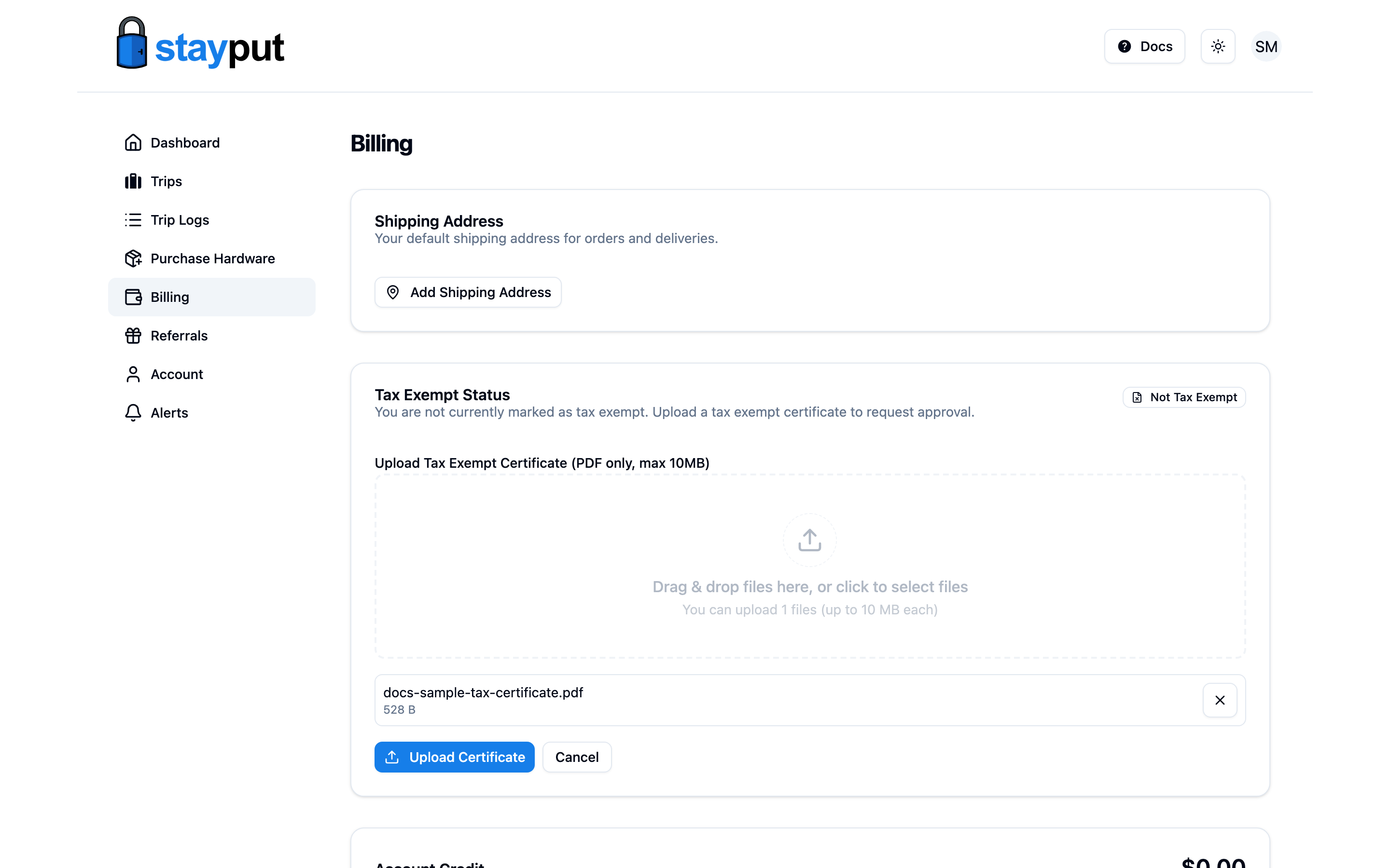 The tax exempt certificate upload form with a file selected (desktop)