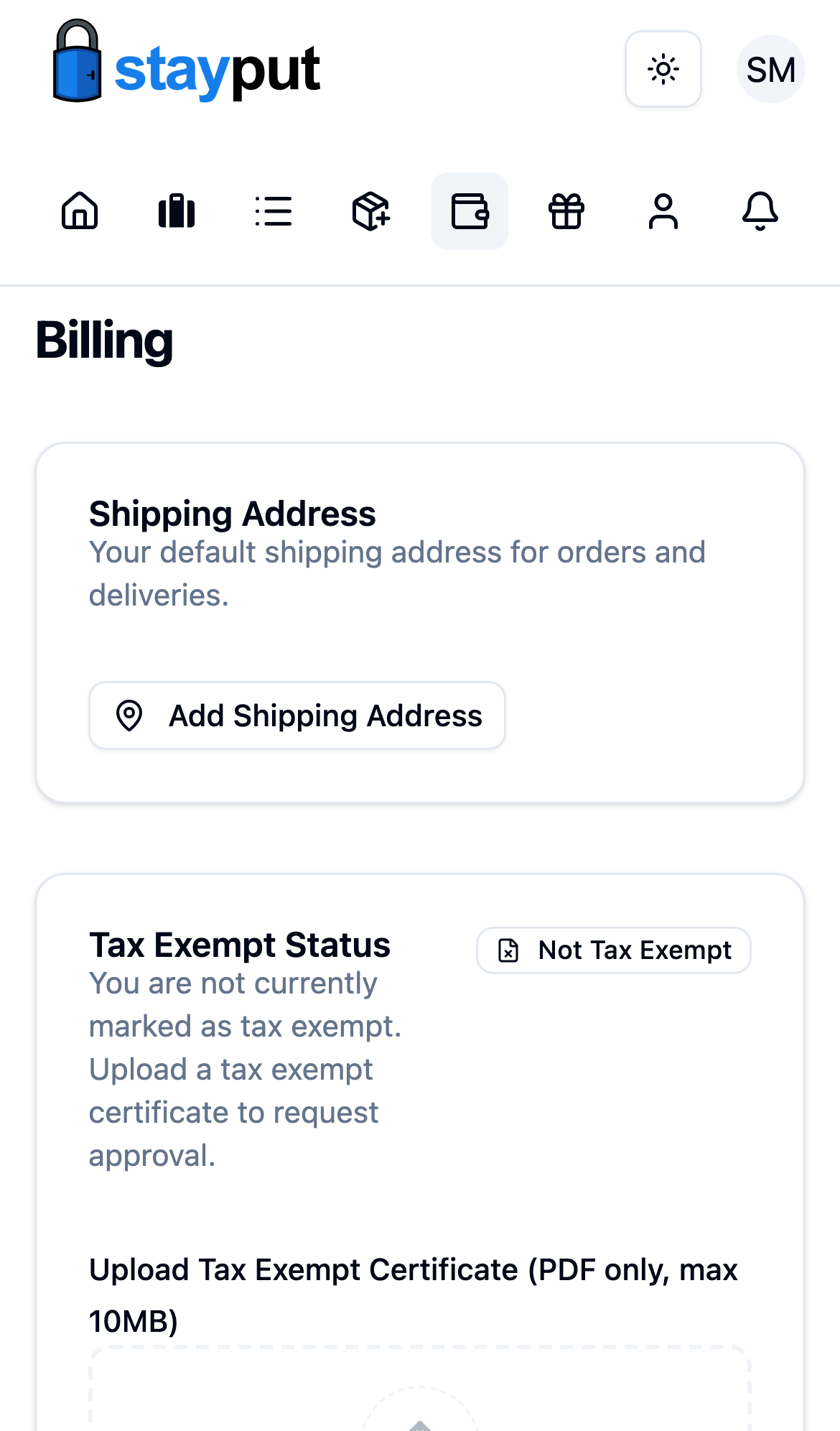 The tax exempt certificate upload form with a file selected (mobile)