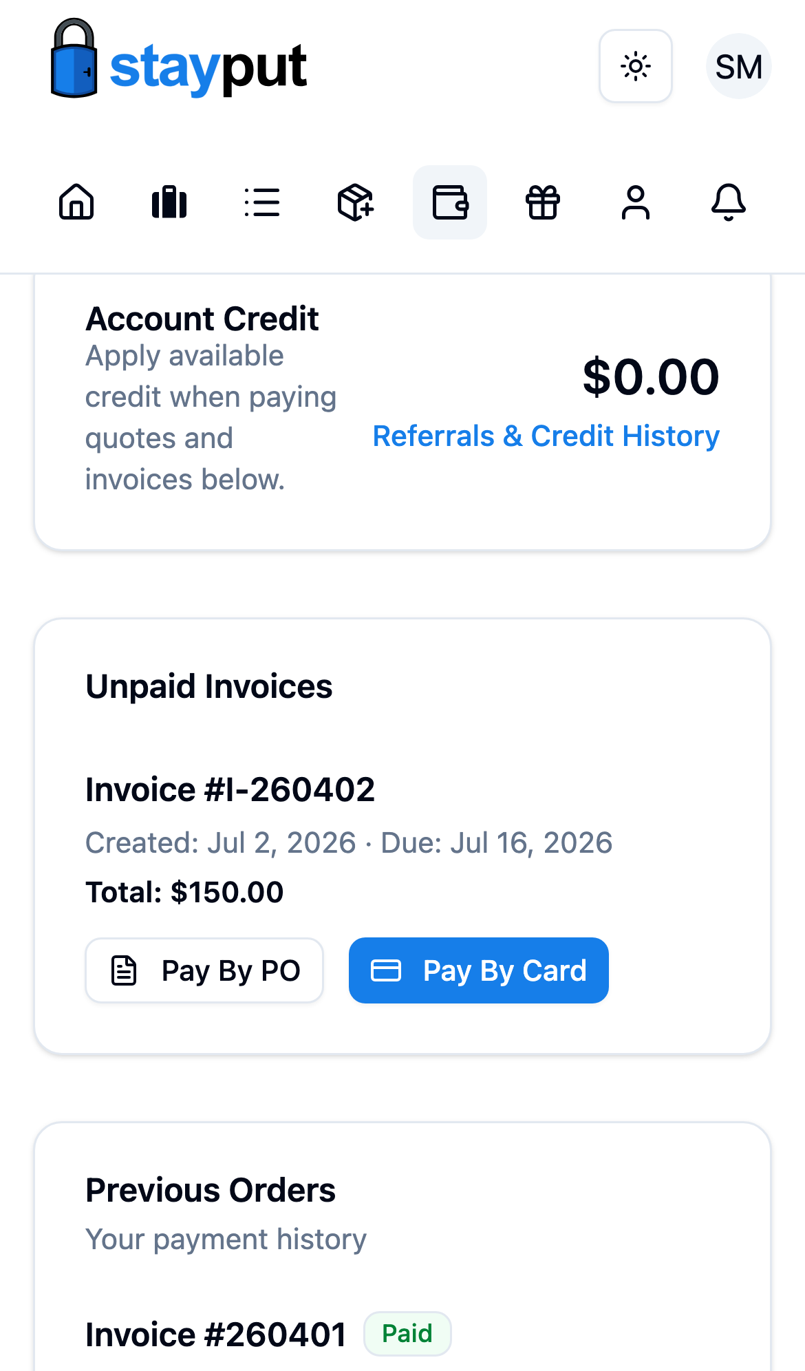 An unpaid invoice with Pay By PO and Pay By Card buttons (mobile)