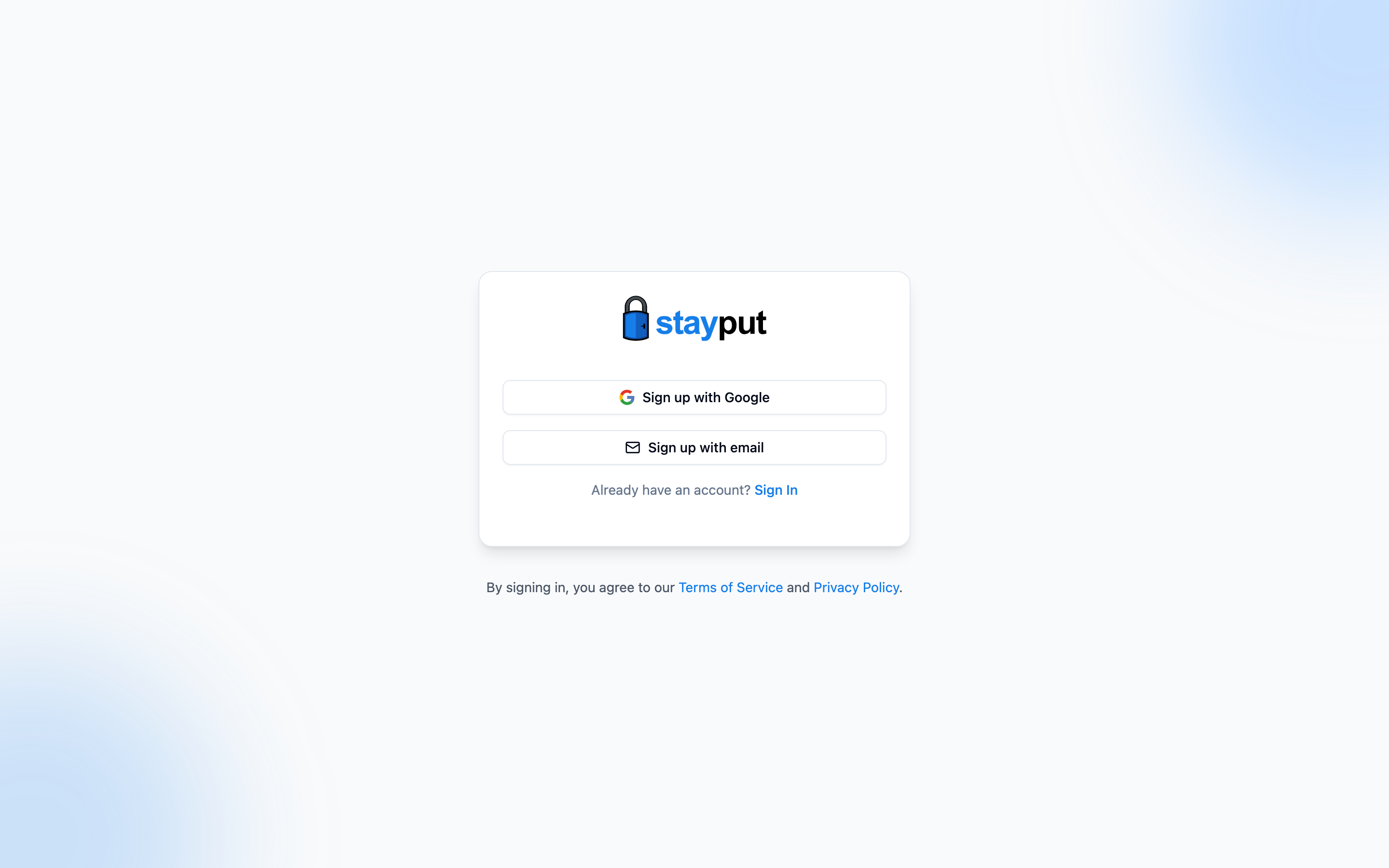 The sign-up page with Google and email options (desktop)