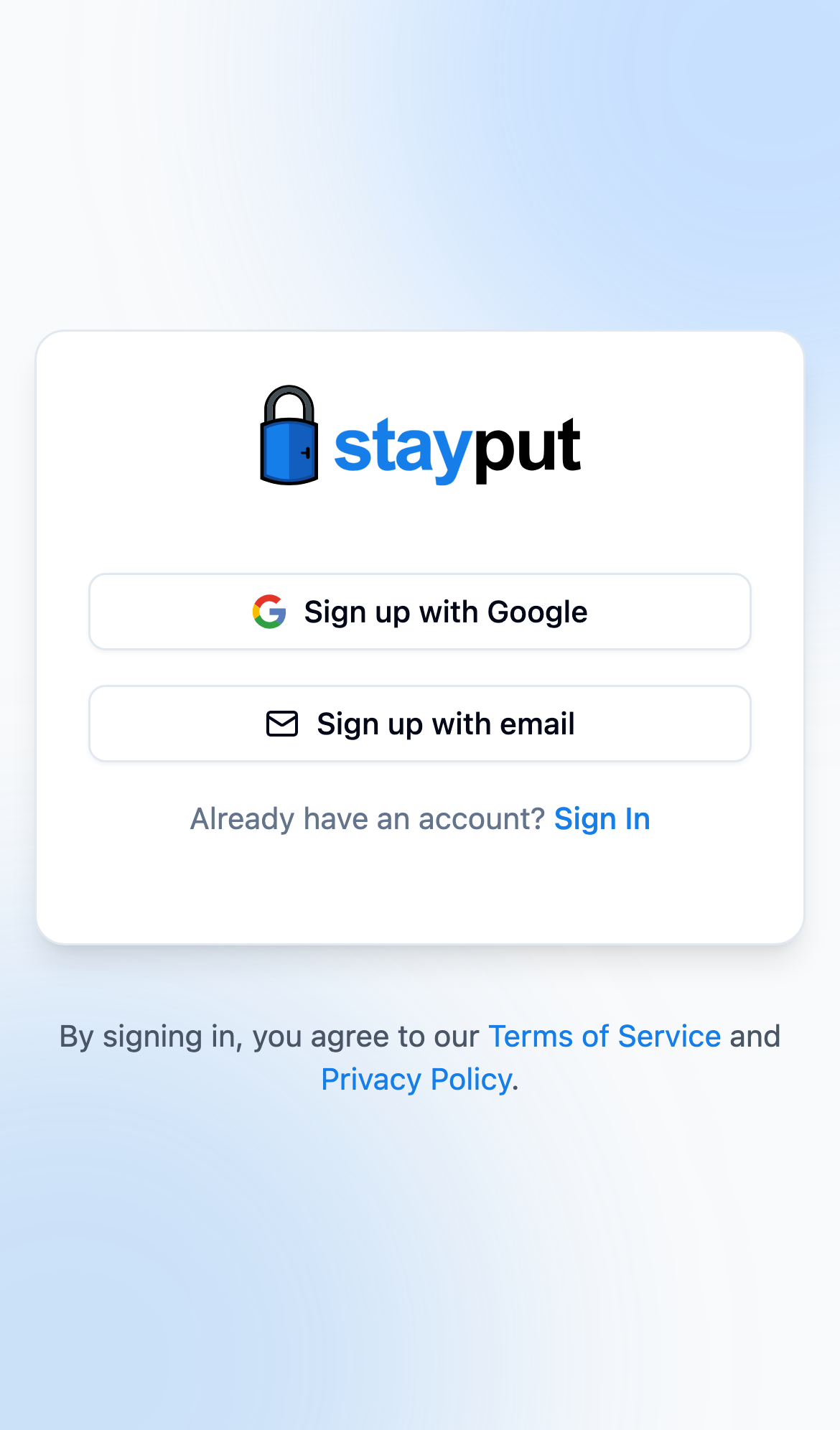 The sign-up page with Google and email options (mobile)