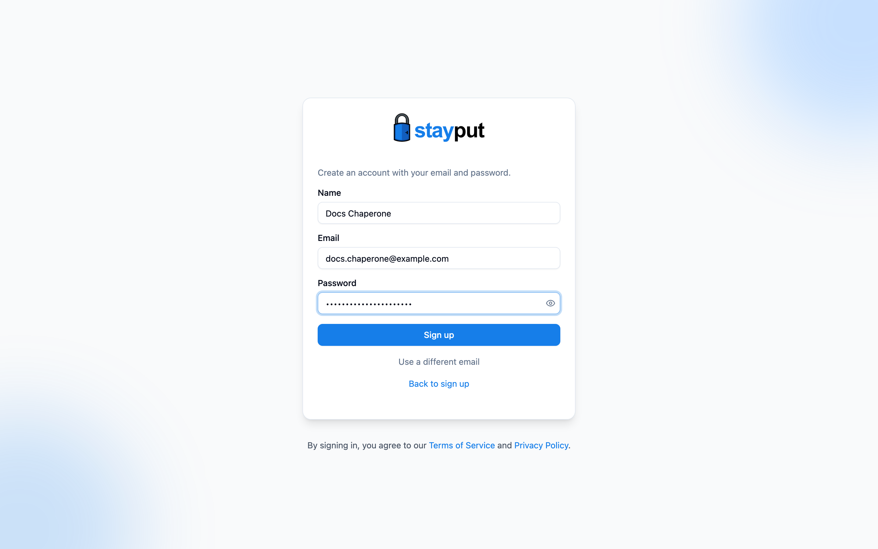 The email sign-up form with name, email, and password fields (desktop)