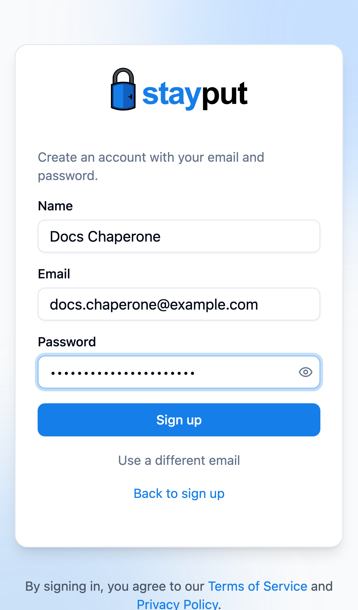 The email sign-up form with name, email, and password fields (mobile)