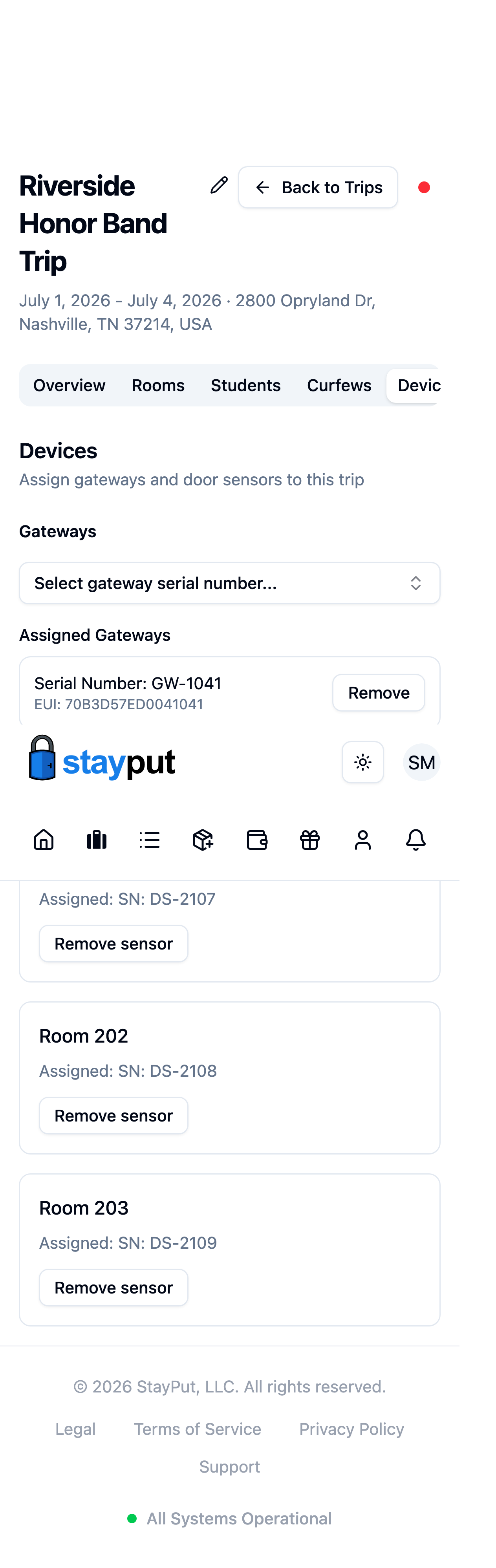 Rooms with assigned door sensors and Remove sensor buttons (mobile)