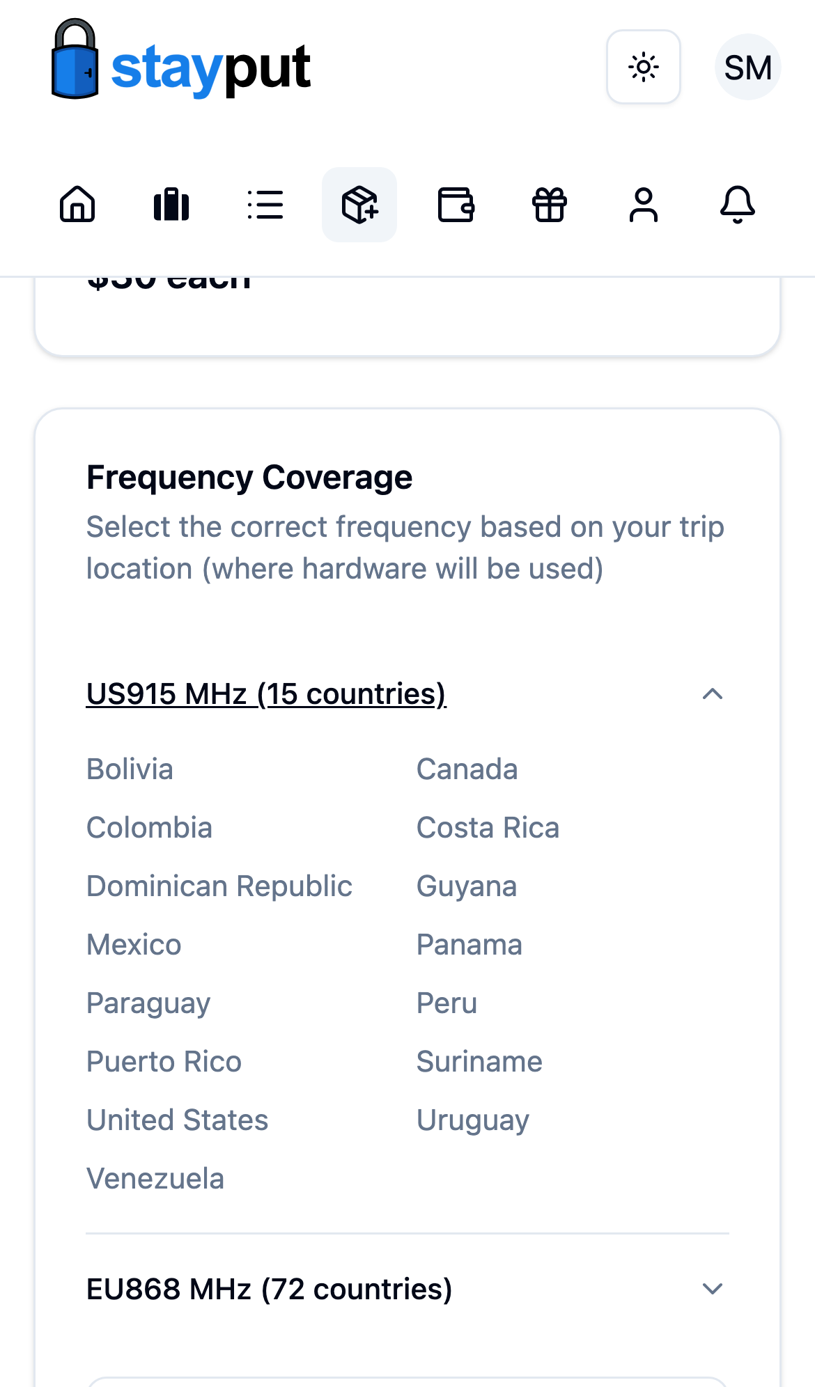 The Frequency Coverage card with the US915 country list expanded (mobile)
