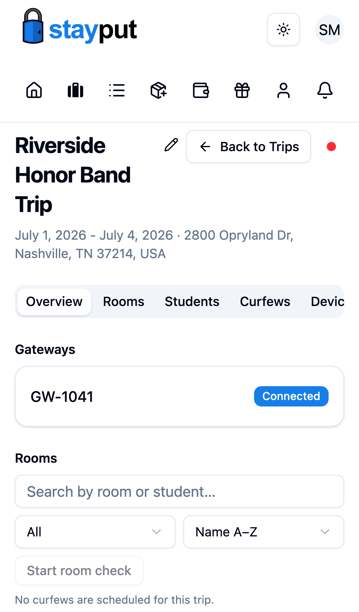 The trip Overview showing the gateway with a Connected badge (mobile)