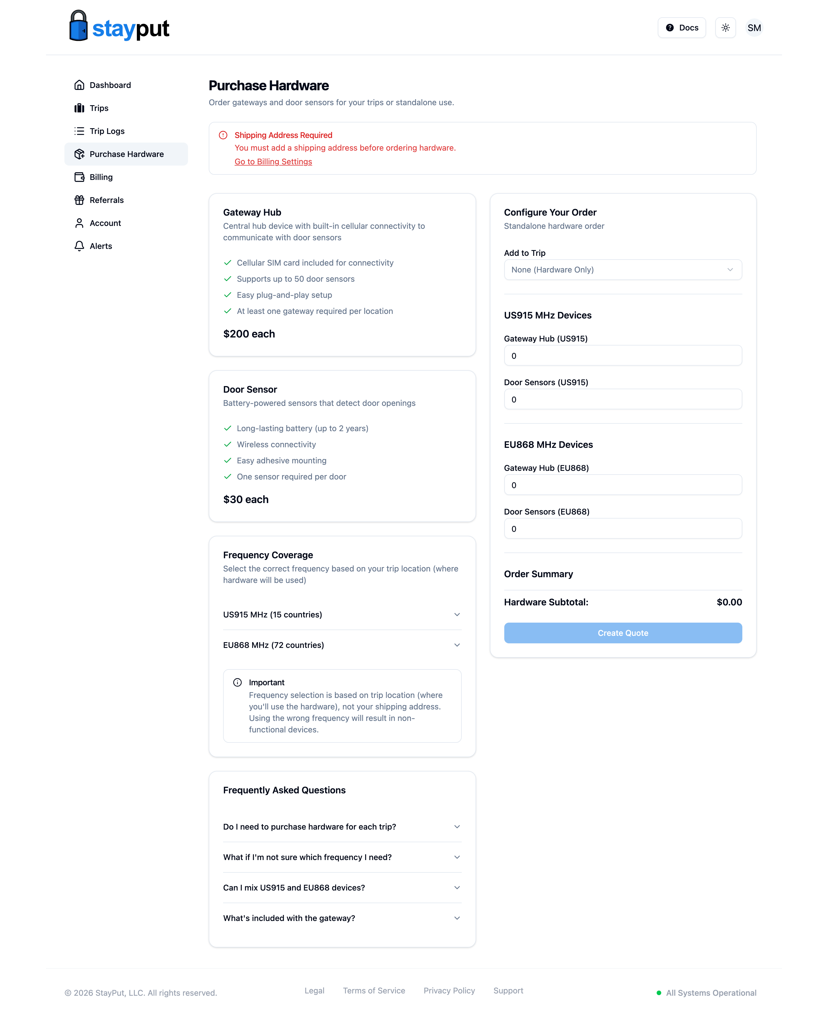 The Purchase Hardware page with product details and the order form (desktop)