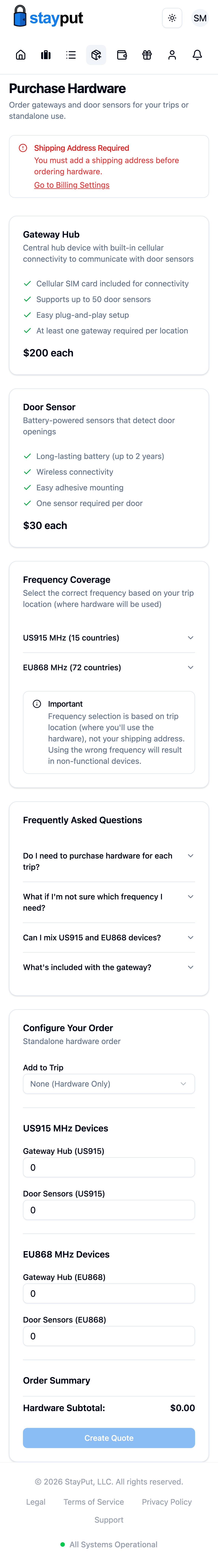 The Purchase Hardware page with product details and the order form (mobile)