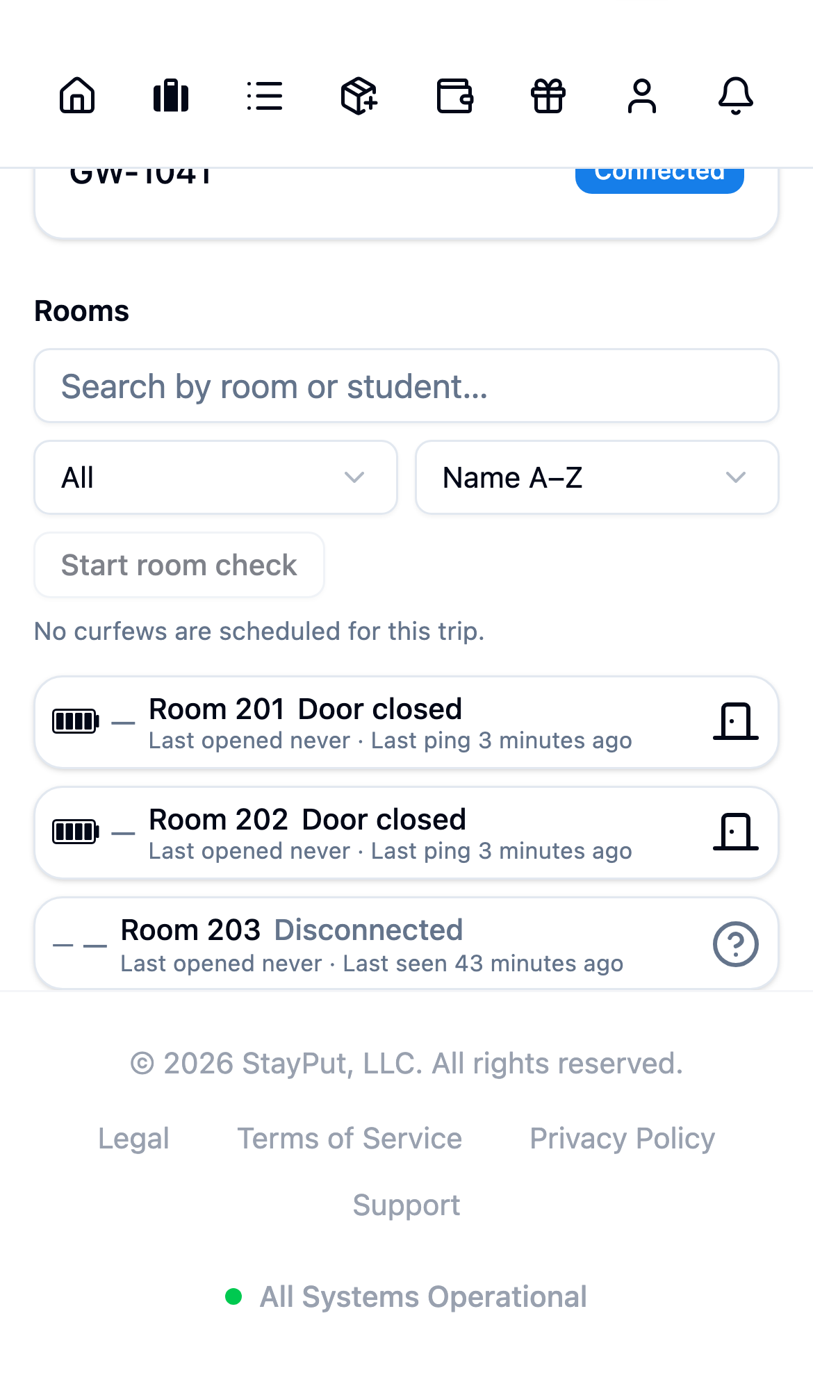 The trip Overview showing room cards with door status and last ping times (mobile)