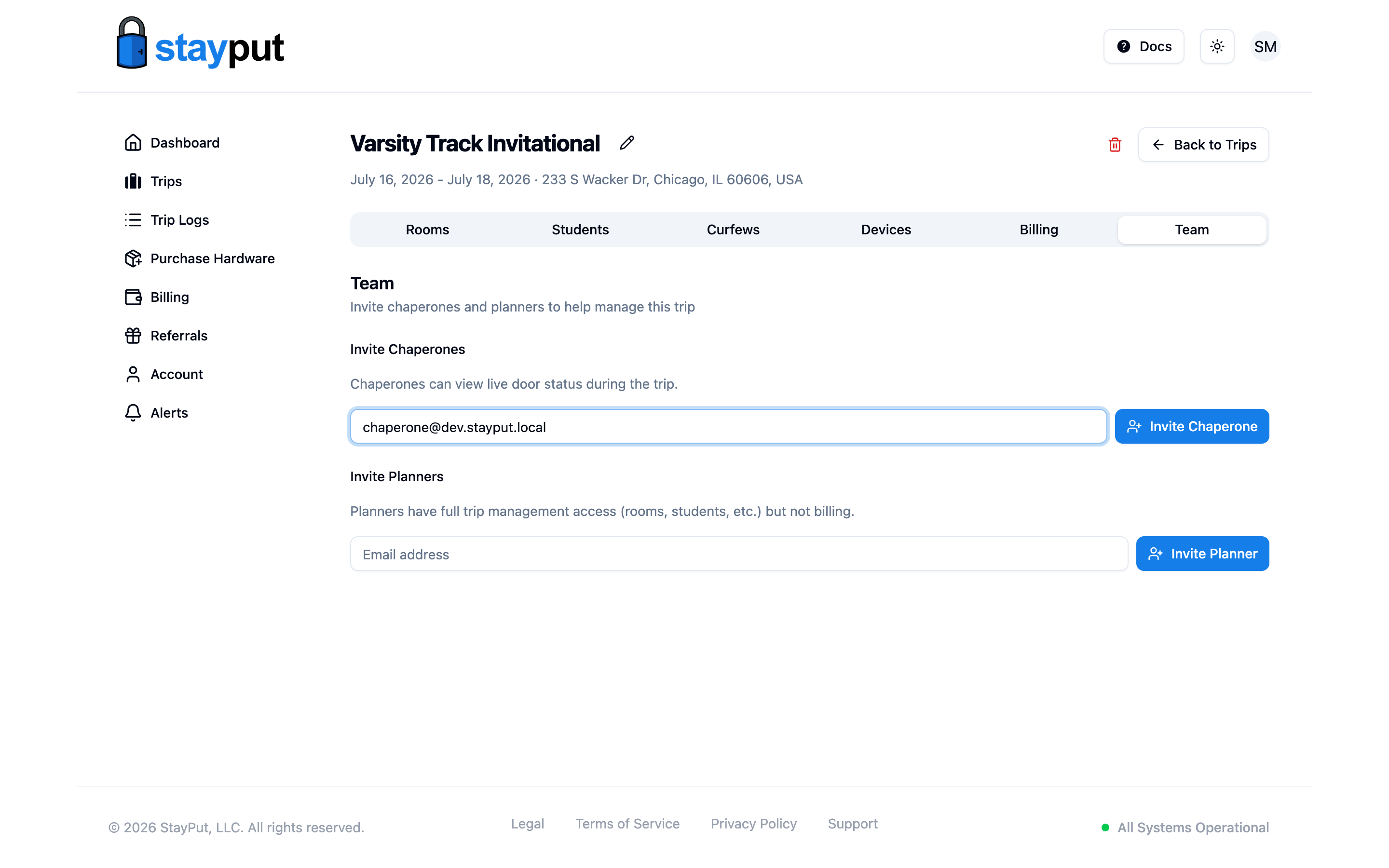 The Team tab with Invite Chaperone and Invite Planner forms (desktop)