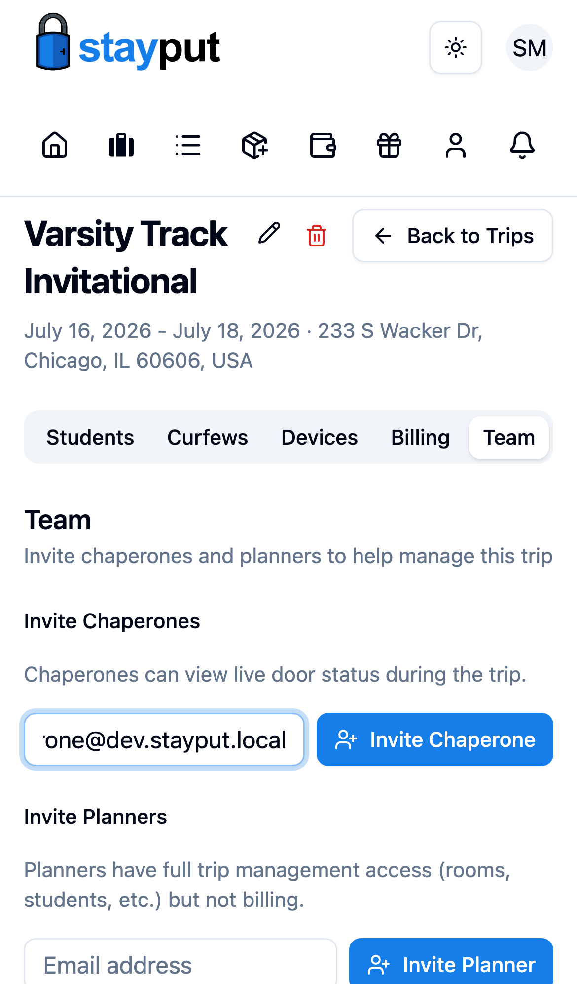 The Team tab with Invite Chaperone and Invite Planner forms (mobile)