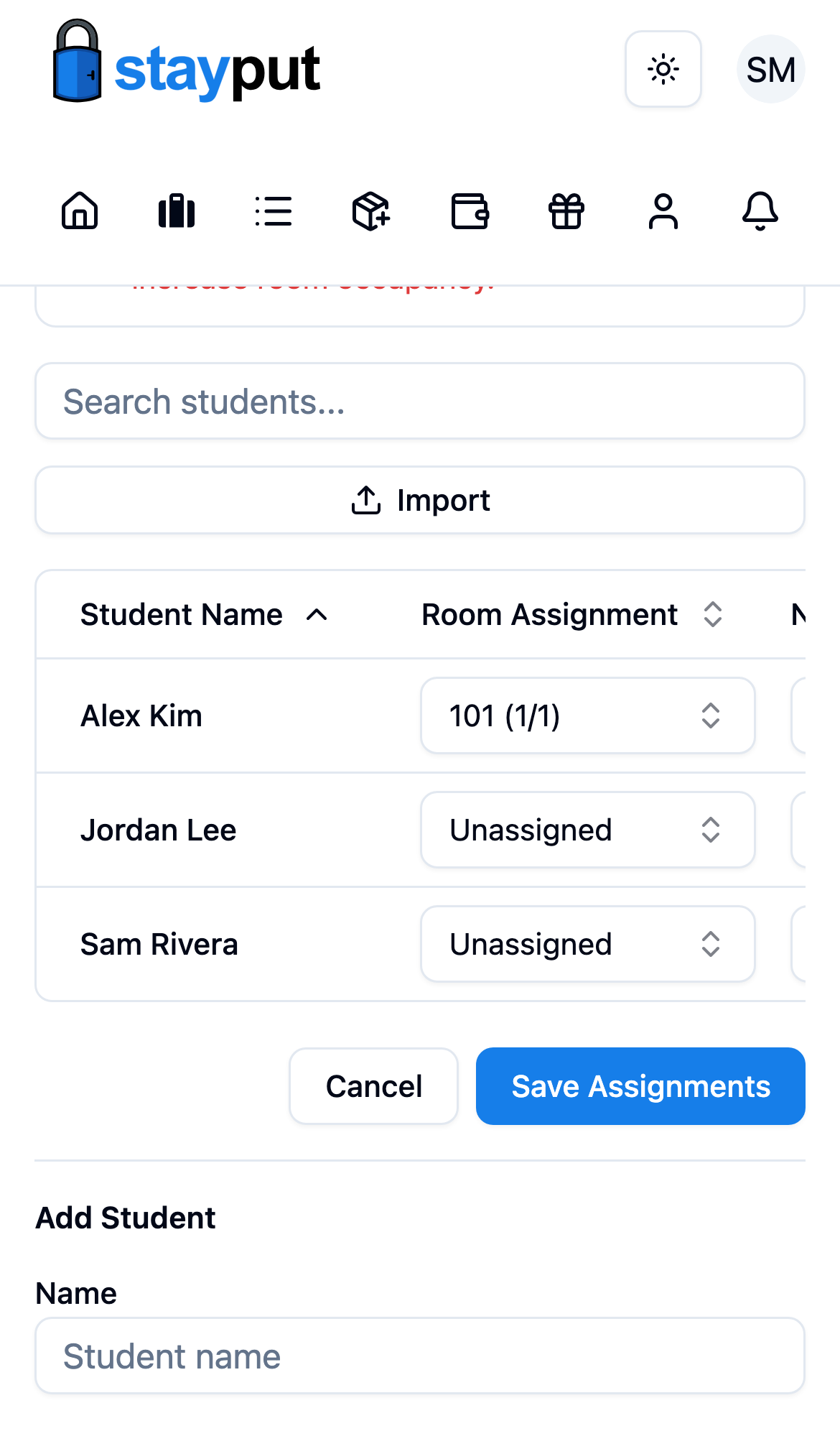The Students tab with imported students and a room assignment dropdown (mobile)