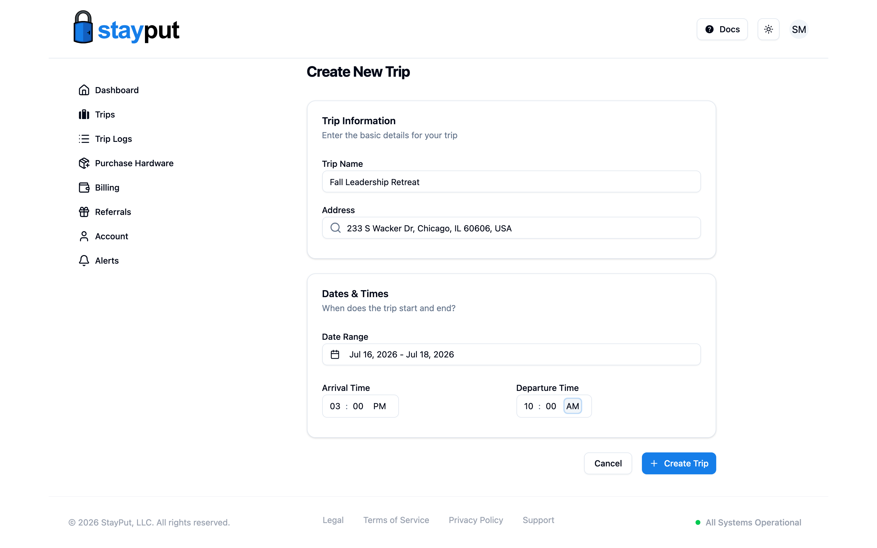 The Create New Trip form filled in with a name, address, and date range (desktop)
