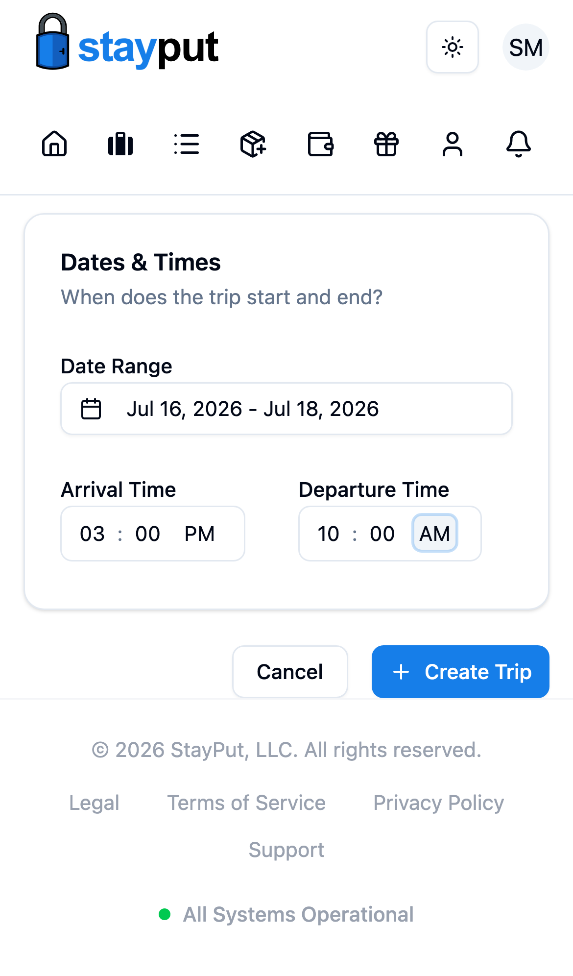 The Create New Trip form filled in with a name, address, and date range (mobile)