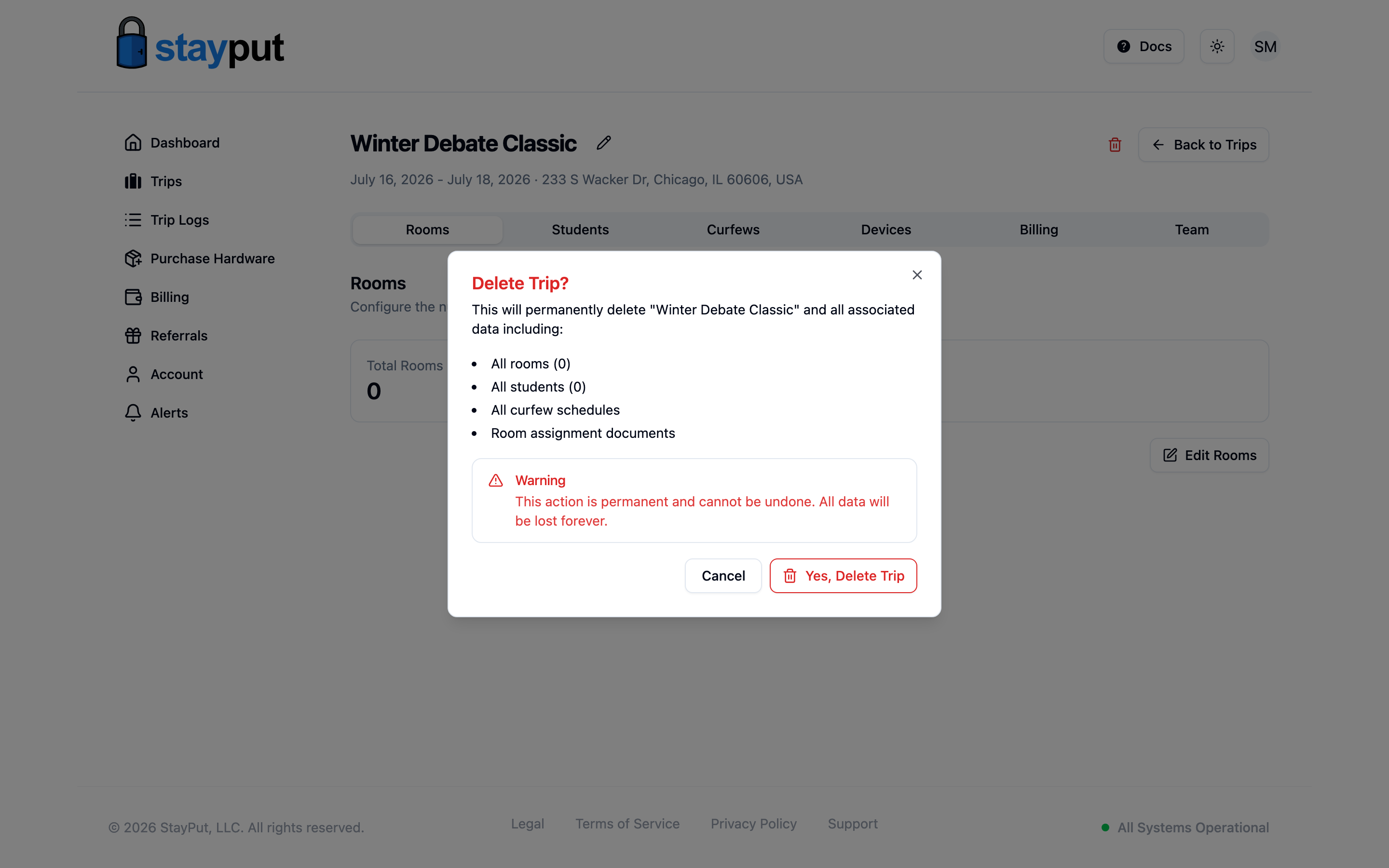 The Delete Trip confirmation dialog listing rooms, students, curfews, and other data that will be removed (desktop)