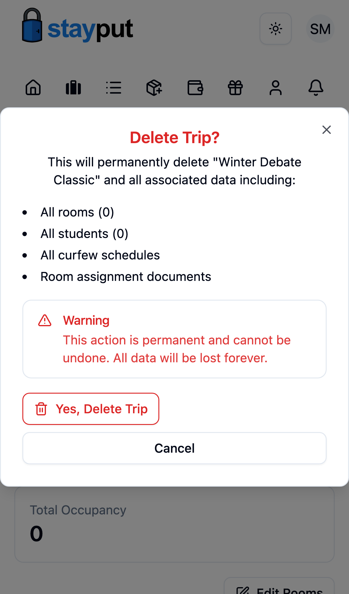The Delete Trip confirmation dialog listing rooms, students, curfews, and other data that will be removed (mobile)