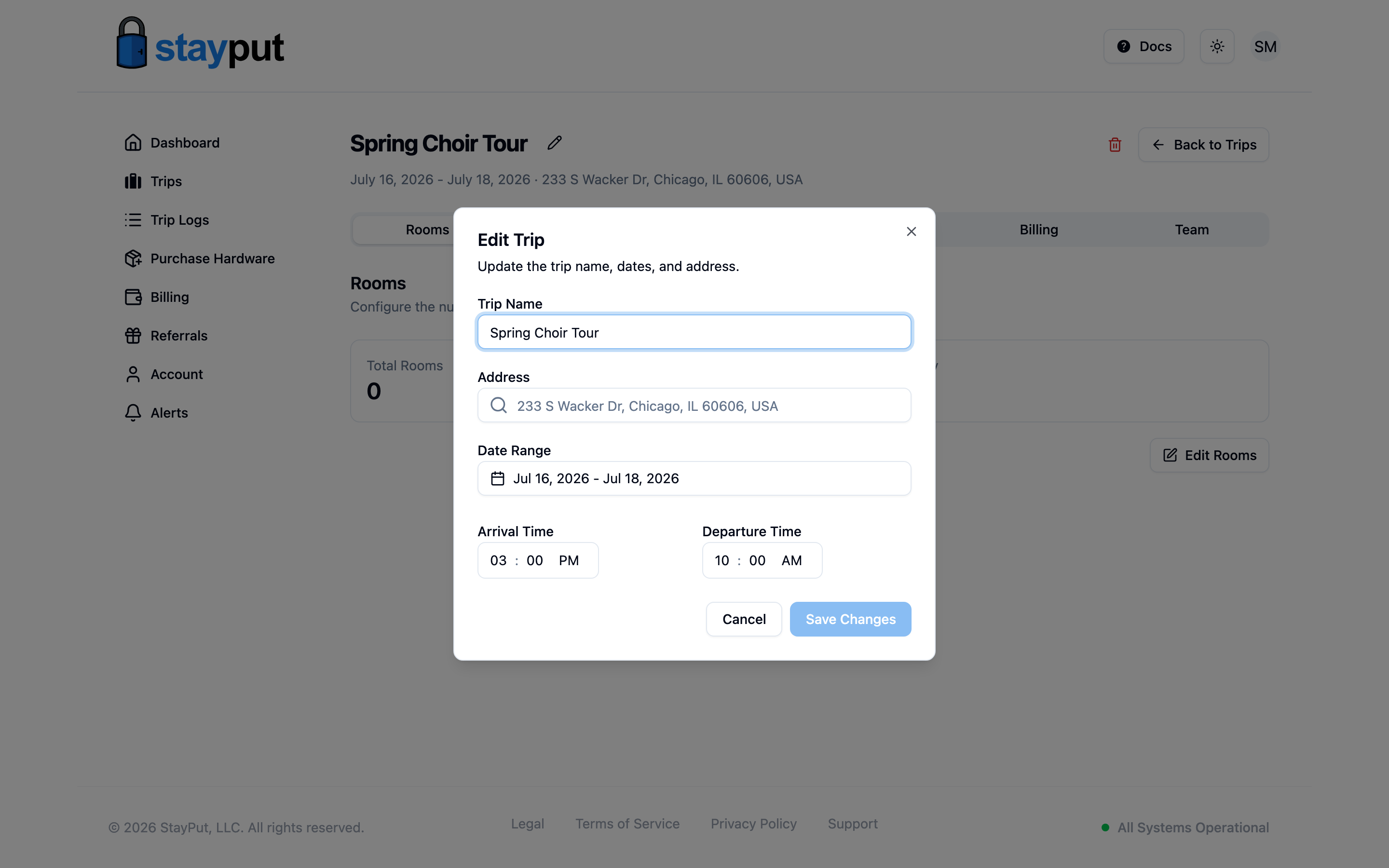 The Edit Trip dialog with trip name, address, and date range fields (desktop)