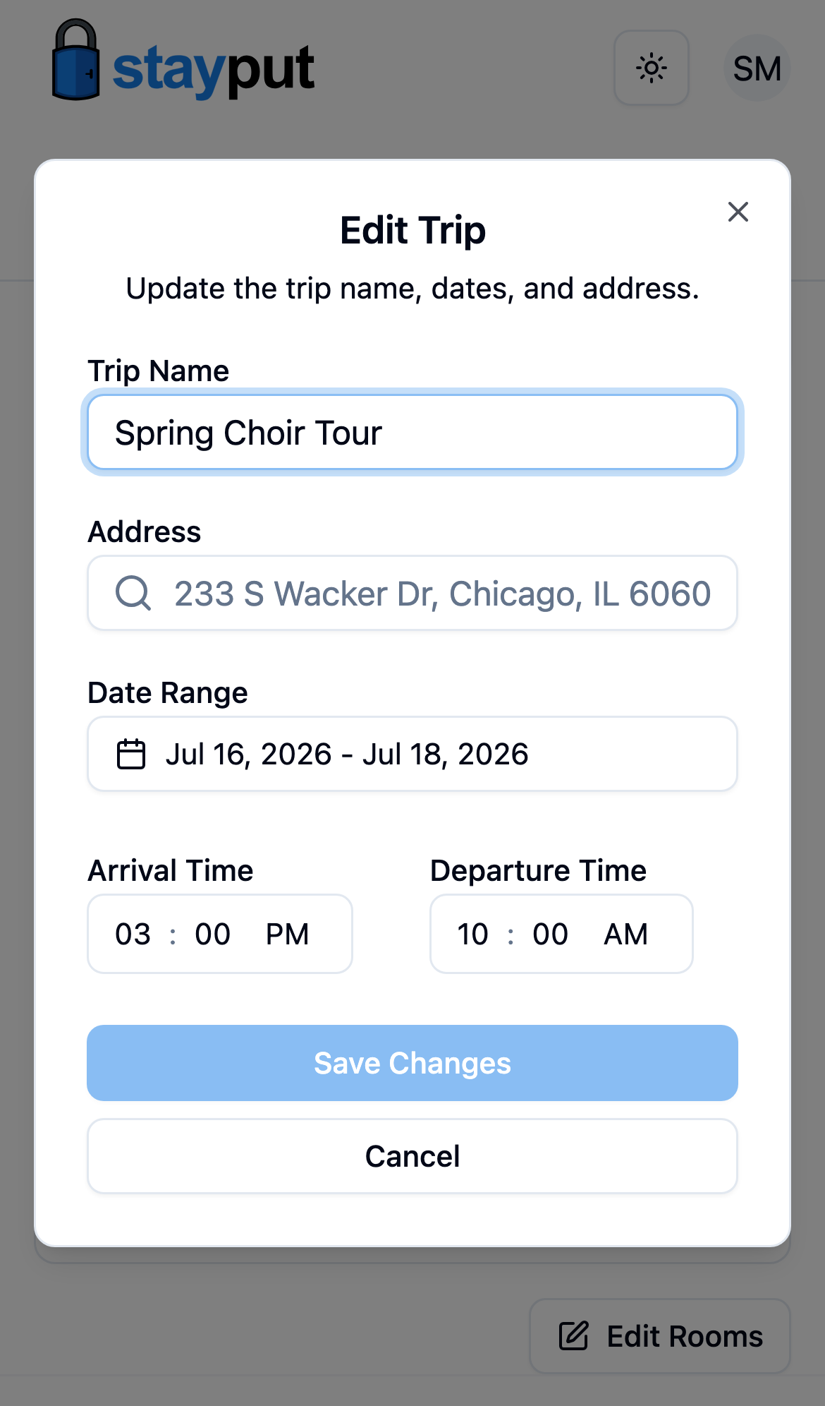 The Edit Trip dialog with trip name, address, and date range fields (mobile)