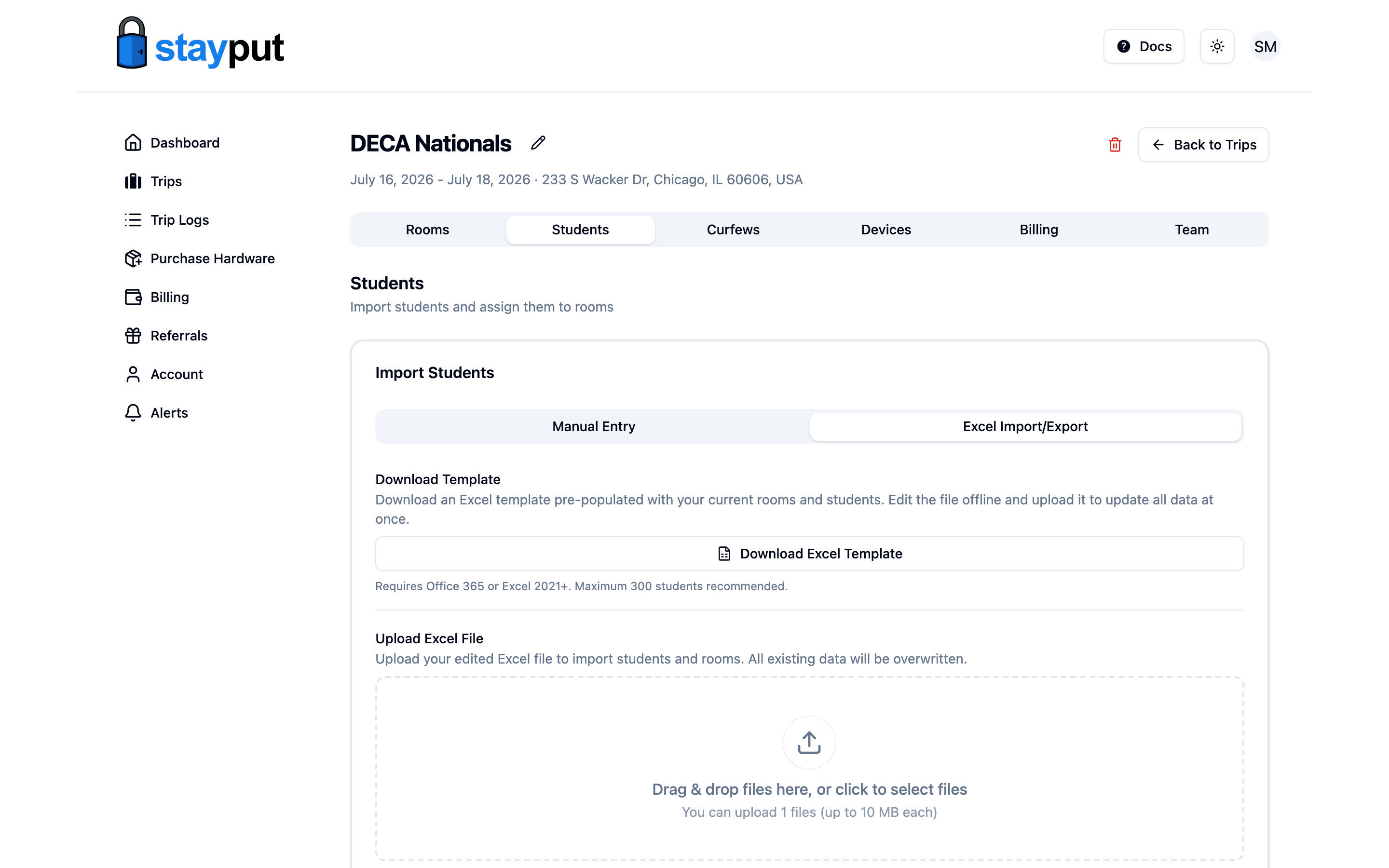 The Excel Import/Export panel with Download Template and Upload Excel File sections (desktop)
