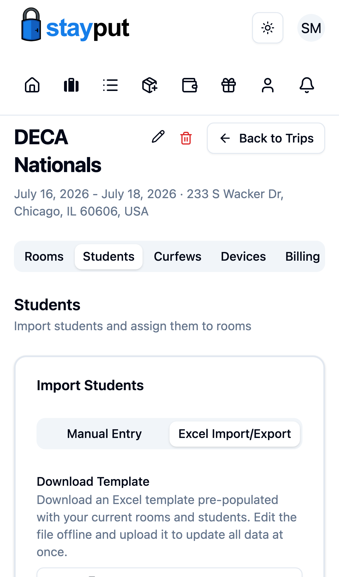 The Excel Import/Export panel with Download Template and Upload Excel File sections (mobile)