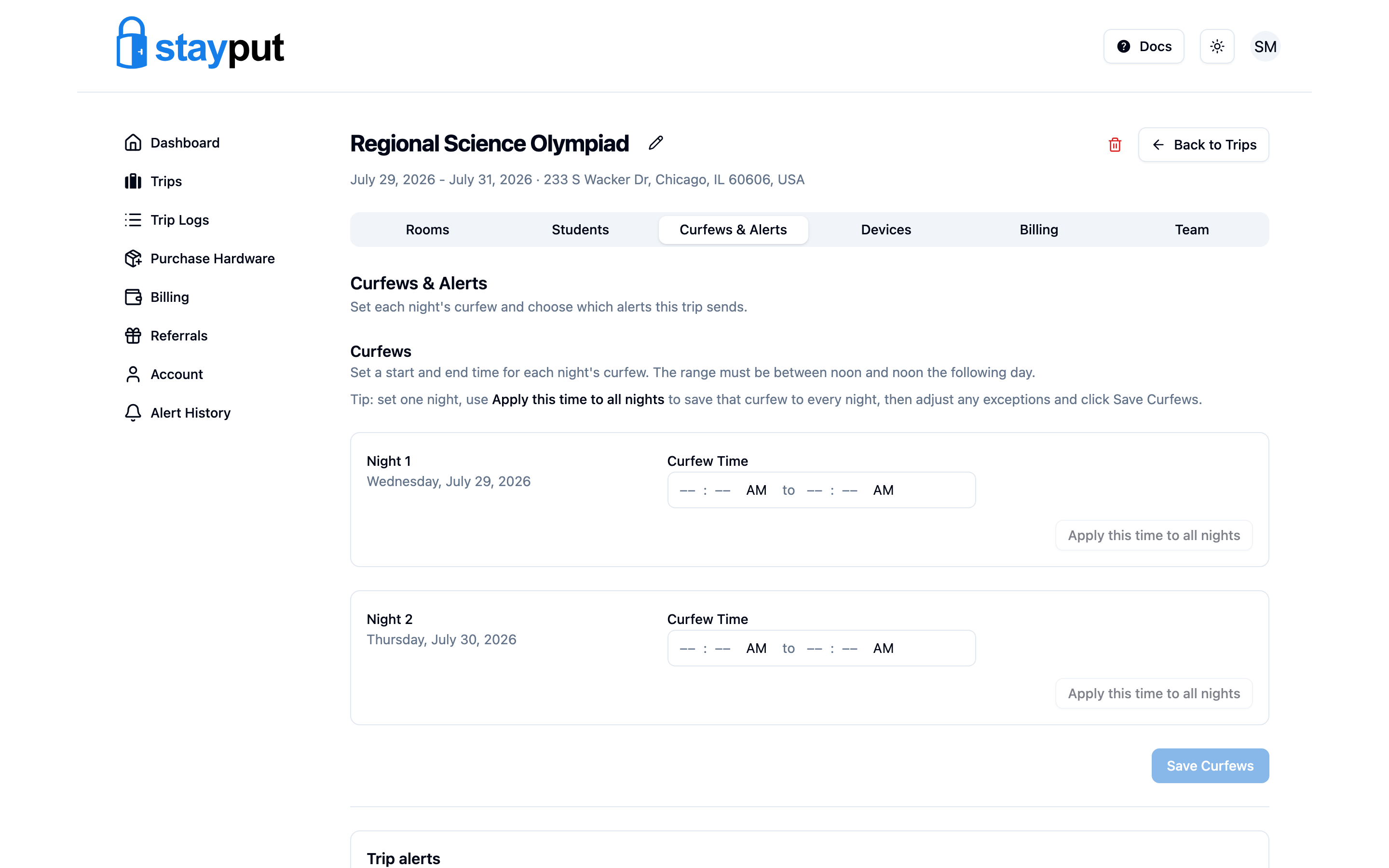 The Curfews & Alerts tab with per-night curfew time fields and trip alert settings (desktop)