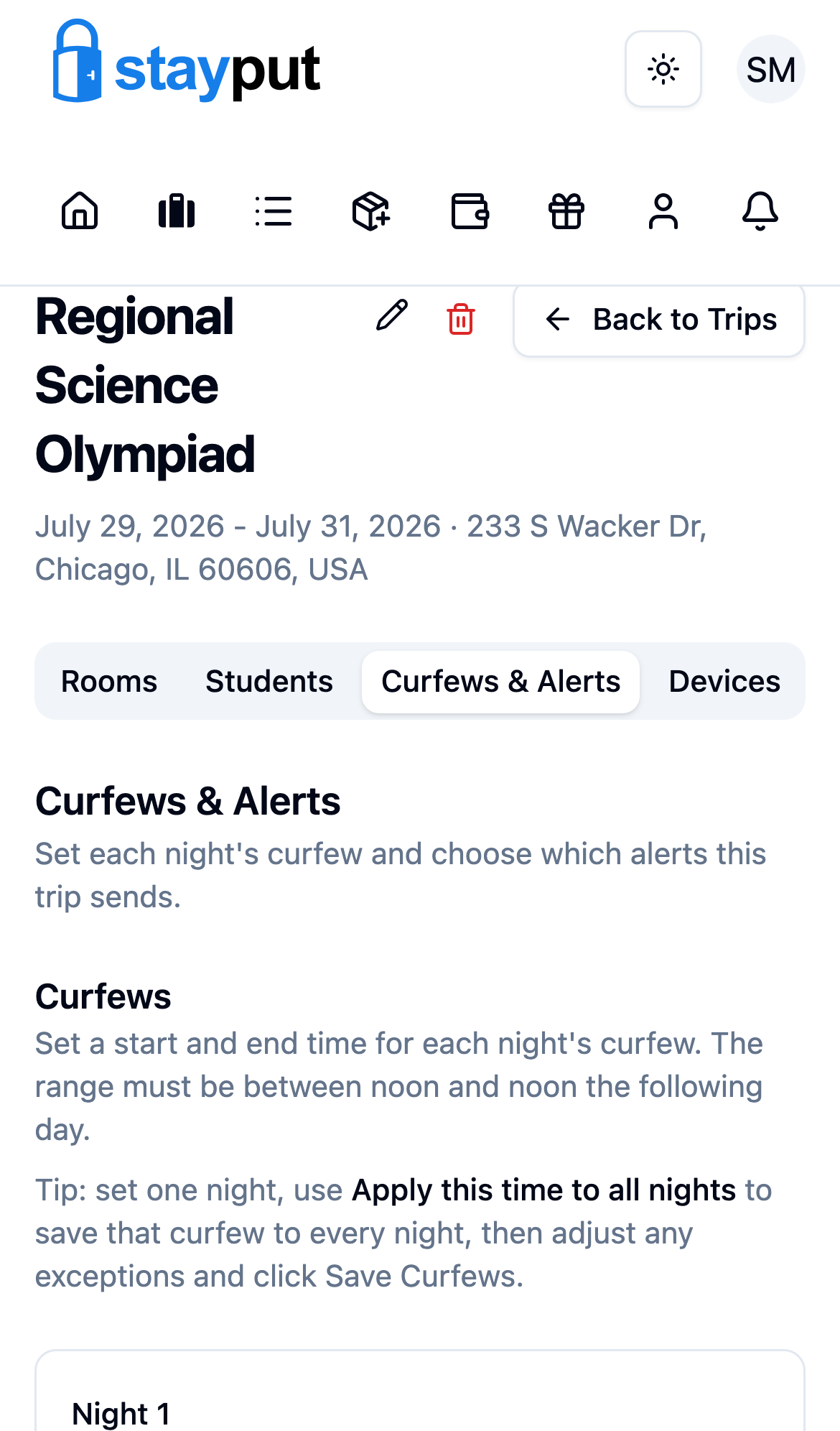The Curfews & Alerts tab with per-night curfew time fields and trip alert settings (mobile)
