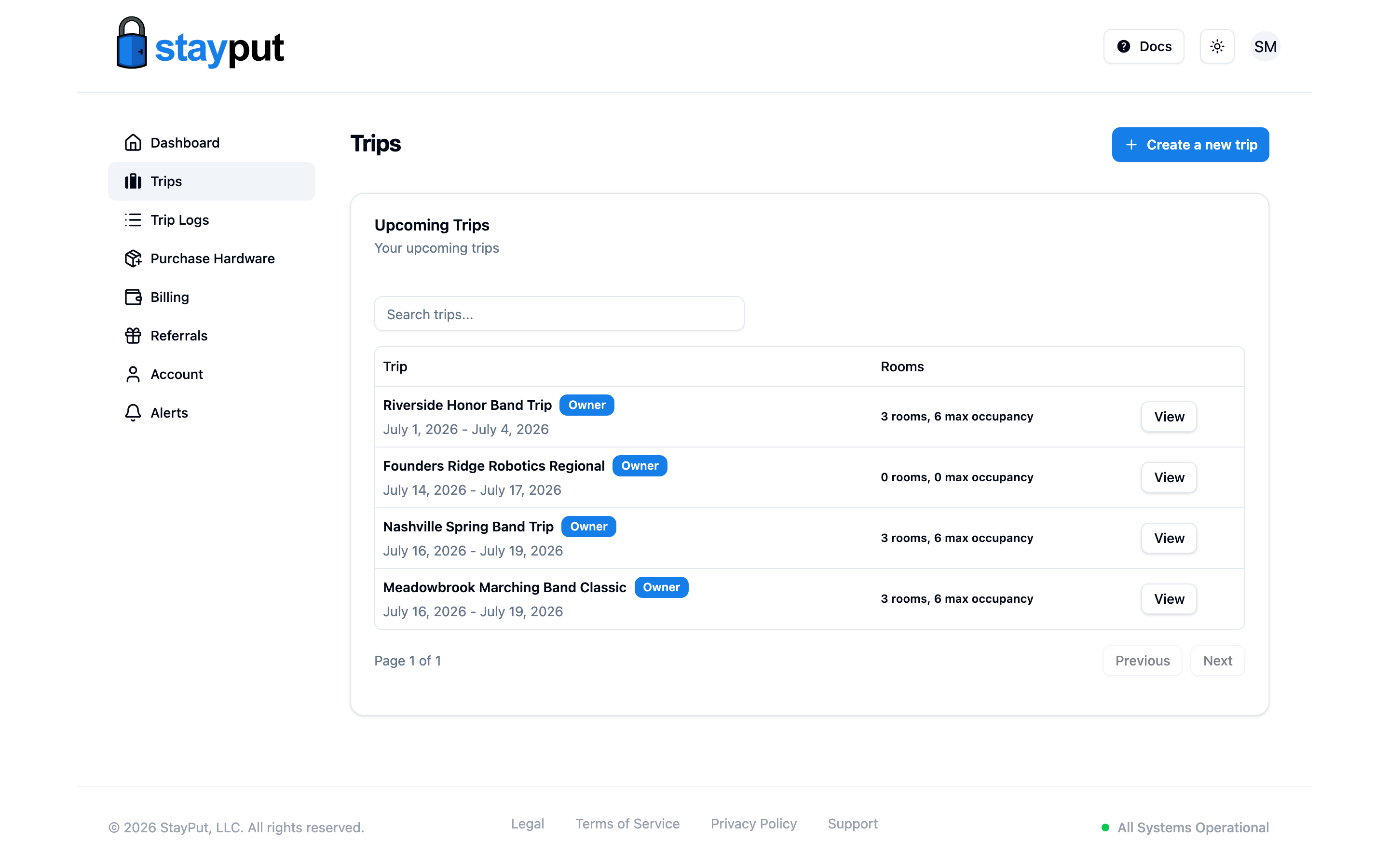 The Trips page with the Create a new trip button (desktop)
