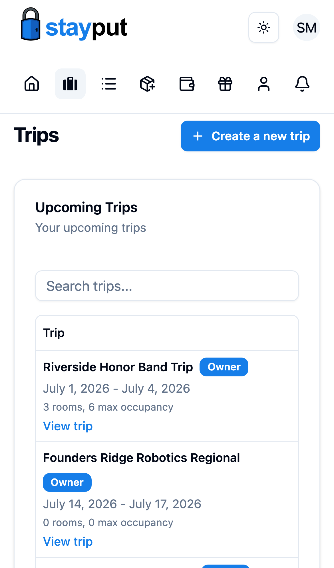 The Trips page with the Create a new trip button (mobile)